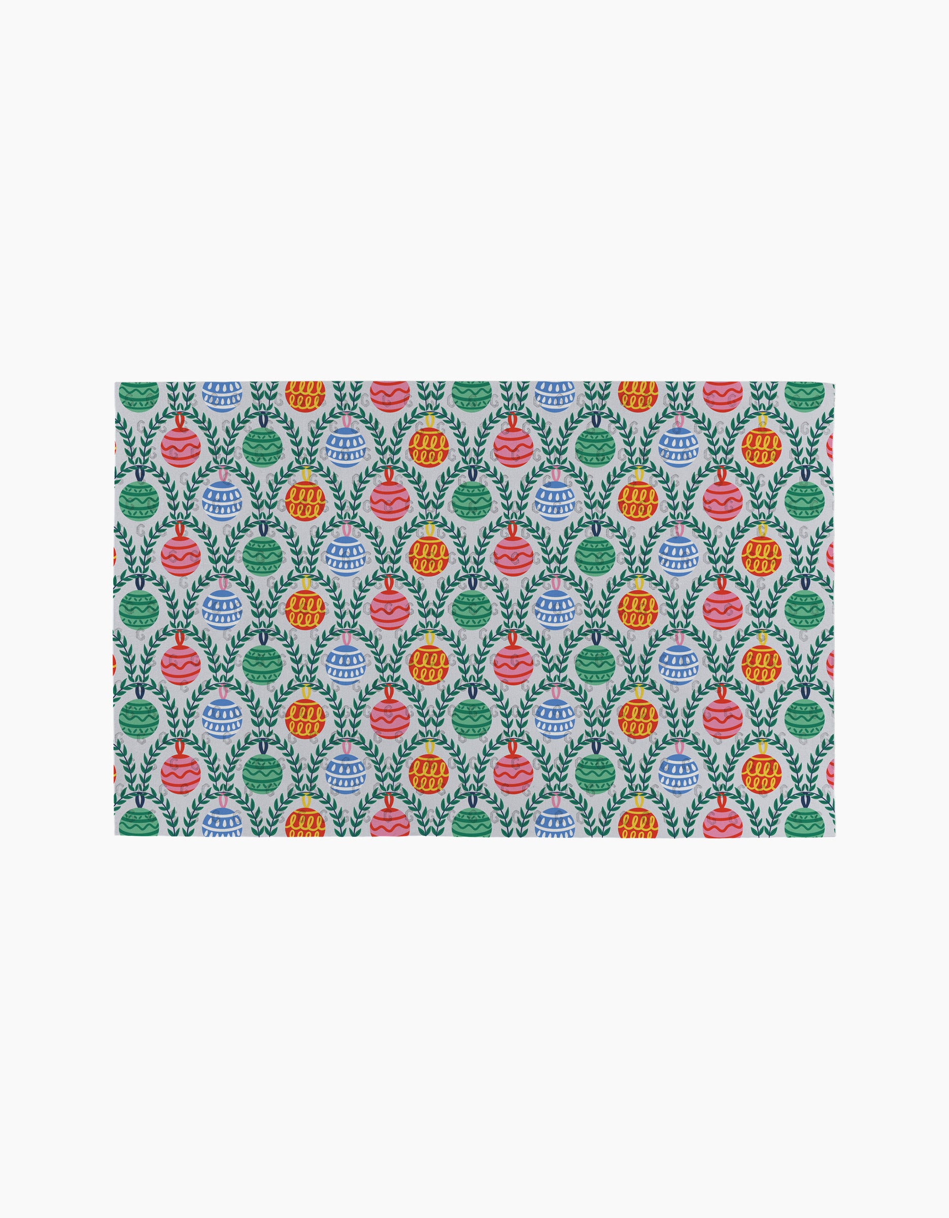 The Christmas Ornaments kitchen towels by Ceyda Alasar feature a festive blue, pink, and orange ornament pattern with green leaves on white—an eco-friendly alternative to paper towels for sustainable style.