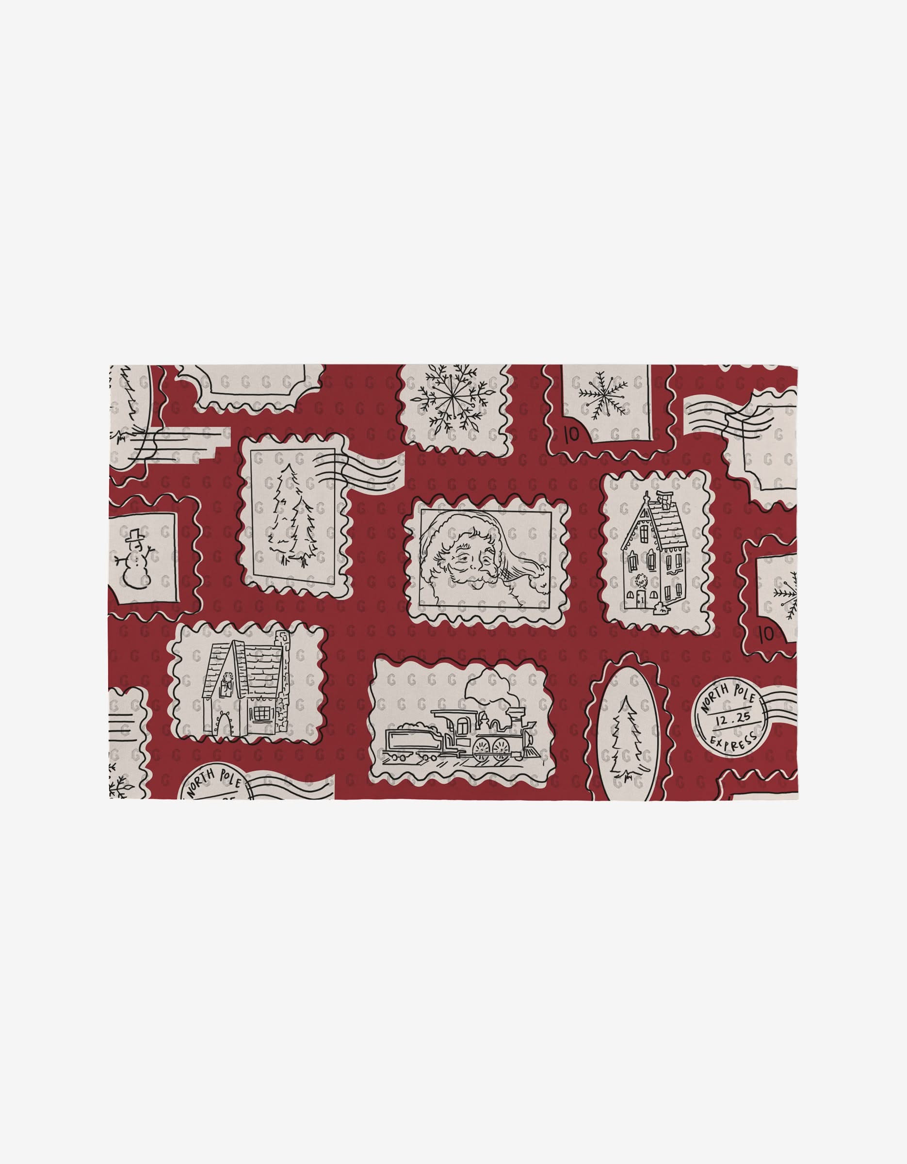 The Aubrey Fairchild Christmas Santa rectangular red cloth showcases cream-colored holiday postage stamp prints—Santa, trees, gingerbread houses, snowflakes, trains—a festive and eco-friendly alternative to Not Paper Towels.