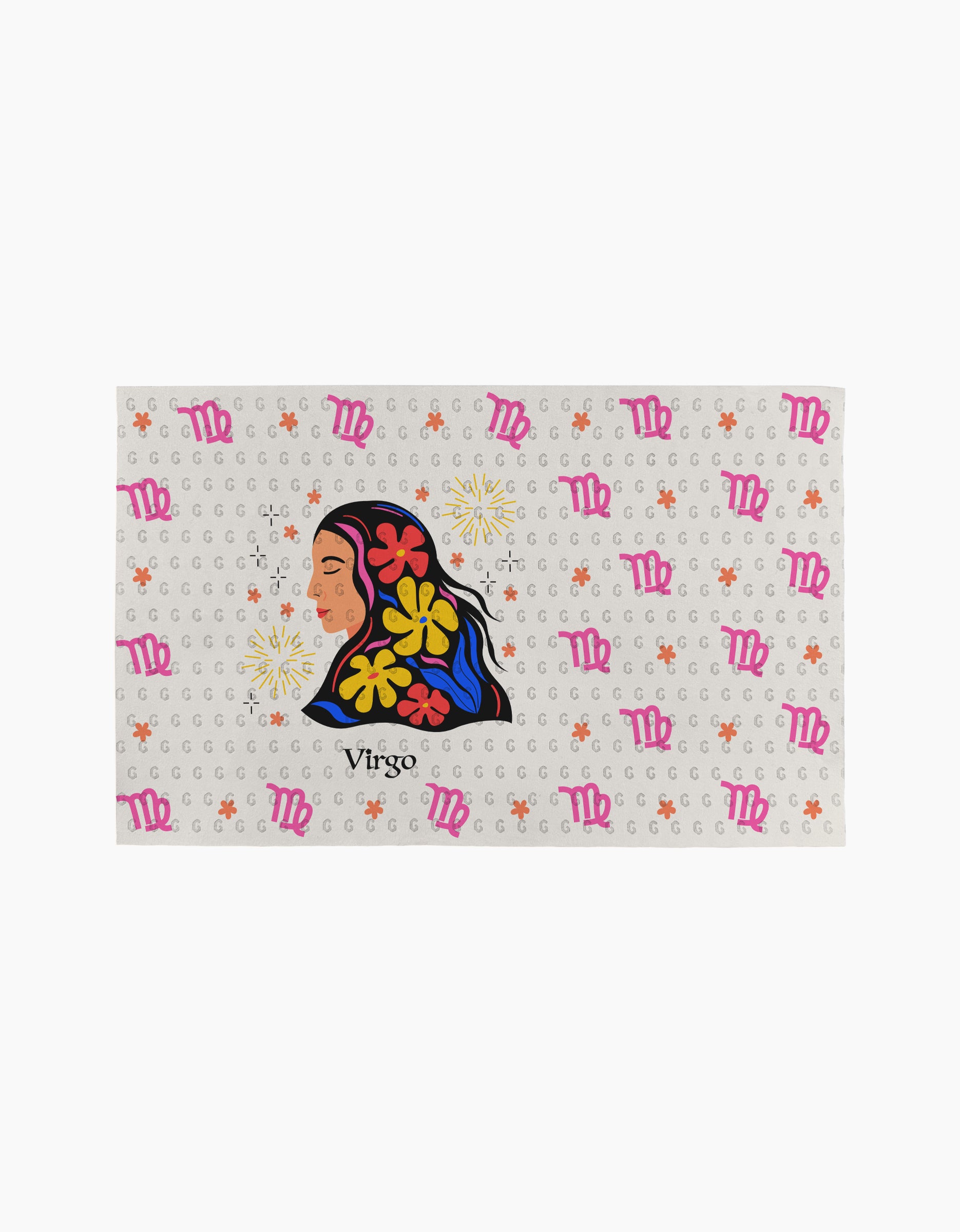The Clever Virgo mat by Heather Zhou features an illustrated woman's profile with flowers in her hair, Virgo zodiac symbols, and G letters on a white background—ideal for use with reusable paper towels.