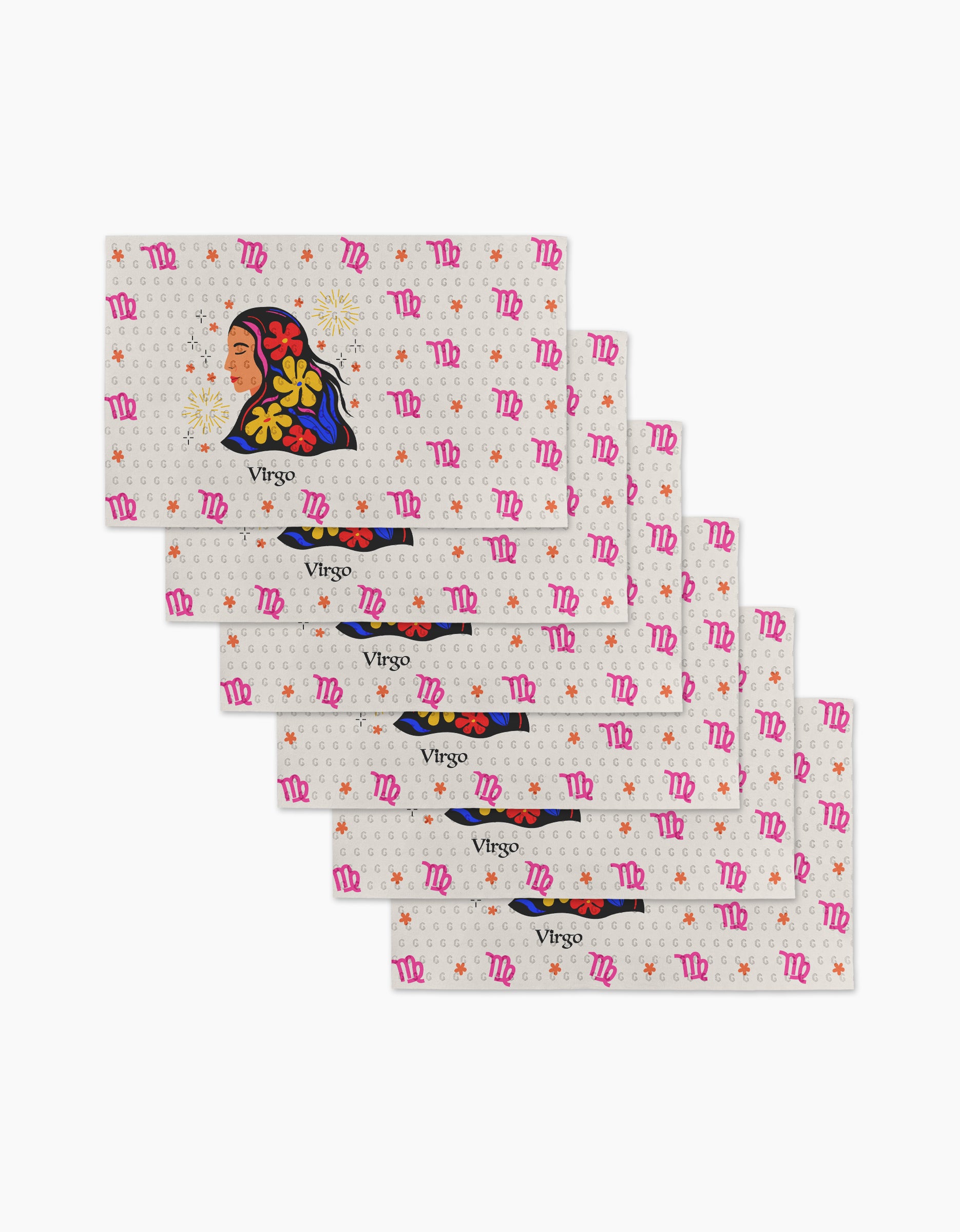 Eight rectangular cards from Heather Zhou's Clever Virgo collection feature a floral woman's face, pink Virgo symbols, and gold stars and moons on white—perfect for gifting with eco-friendly paper towels.