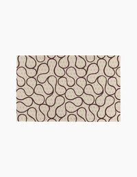 Coffee Reverie by Gerdadzy is a rectangular beige rug with a repeating abstract pattern of dark brown curves and dotted loops, creating an organic, wavy look—ideal for pairing with eco-friendly kitchen towels or recycled paper towels.
