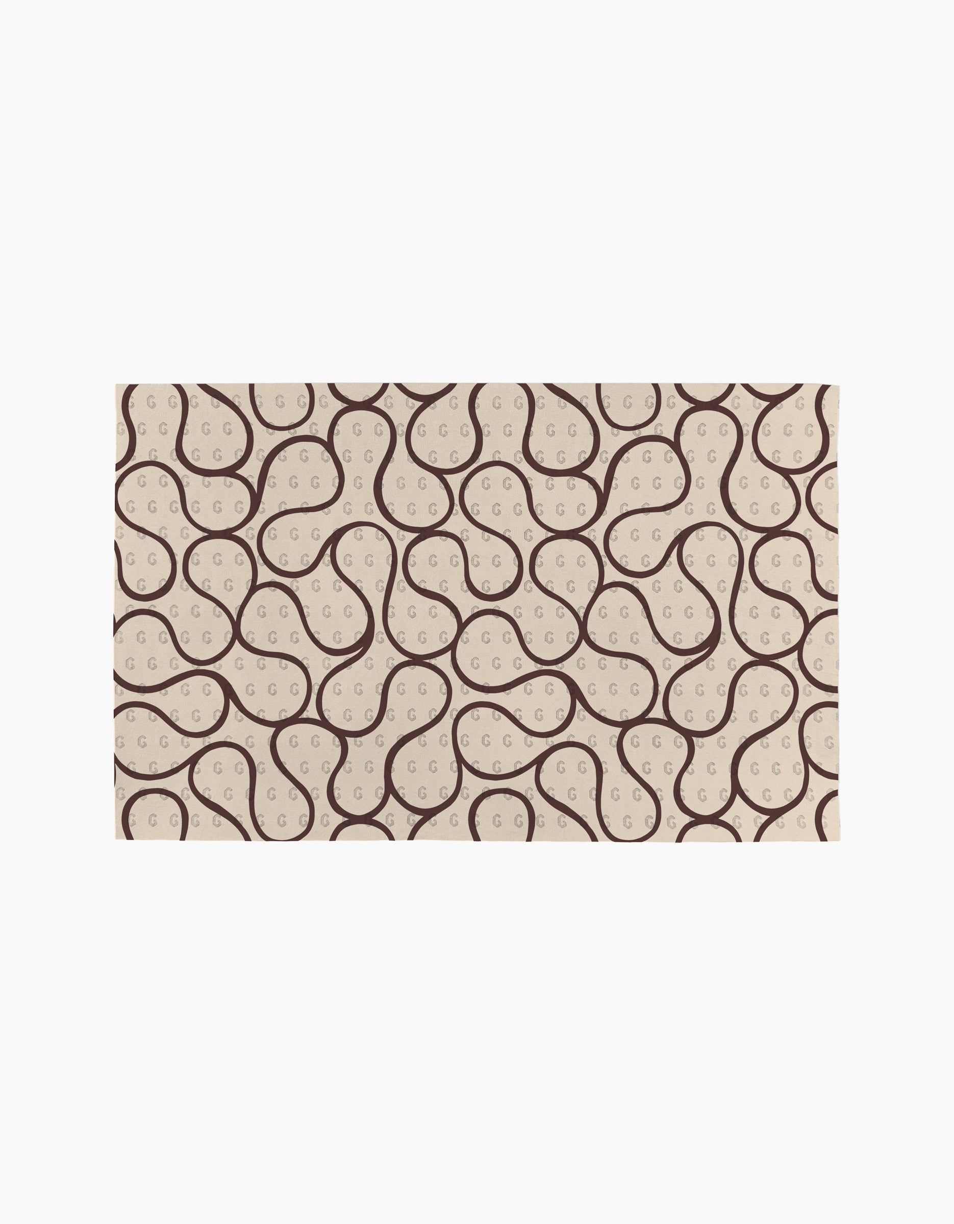 Coffee Reverie by Gerdadzy is a rectangular beige rug with a repeating abstract pattern of dark brown curves and dotted loops, creating an organic, wavy look—ideal for pairing with eco-friendly kitchen towels or recycled paper towels.