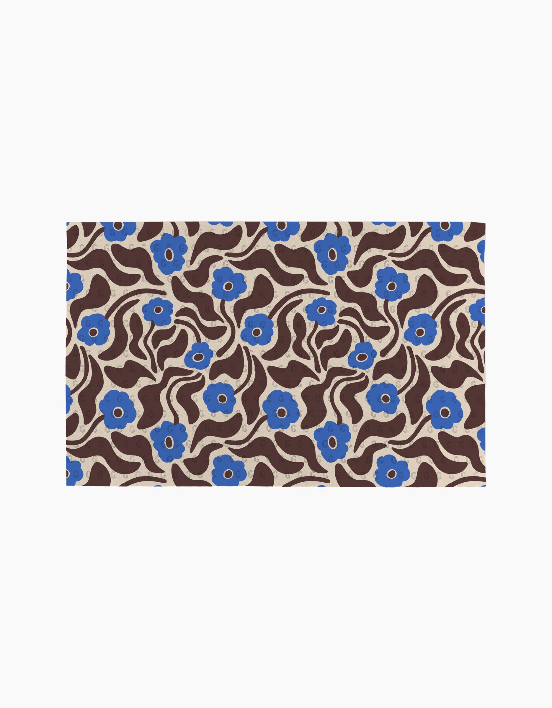 Coffee Reverie by Gerdadzy is a rectangular rug featuring wavy brown lines and blue flowers with beige centers on a beige background, ideal for enhancing eco-friendly kitchens or pairing with sustainable towels.