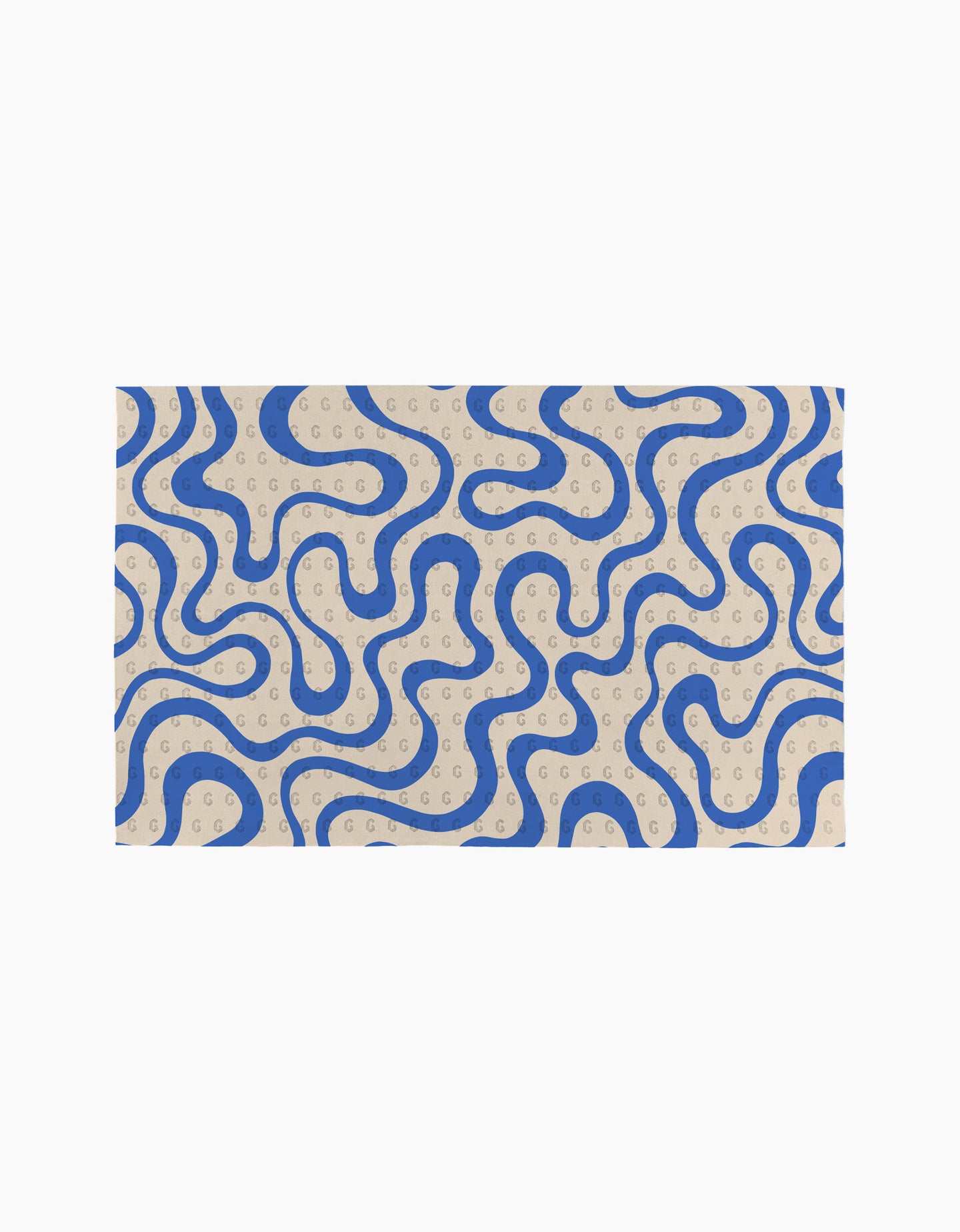 Coffee Reverie by Gerdadzy features a winding blue maze pattern on beige, accented with light gray “G” circles. This eco-friendly kitchen towel brings stylish flair as a recycled paper towel alternative.