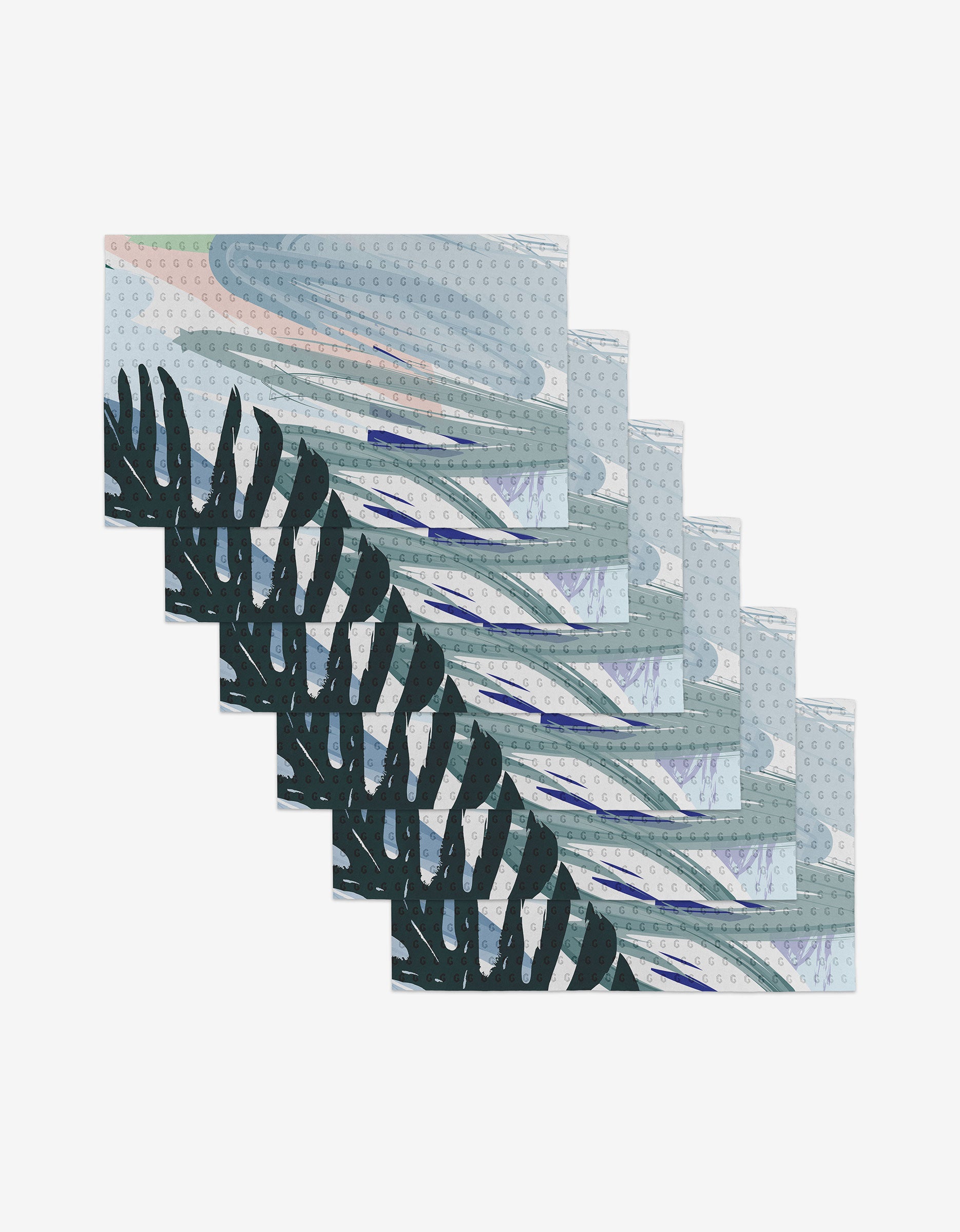 Create by GEOMETRY is a digital artwork with overlapping rectangular panels, blue, green, and gray abstract brushstrokes, and dark leaf patterns—echoing reusable Not Paper Towels—offering an eco-friendly style on a white background.