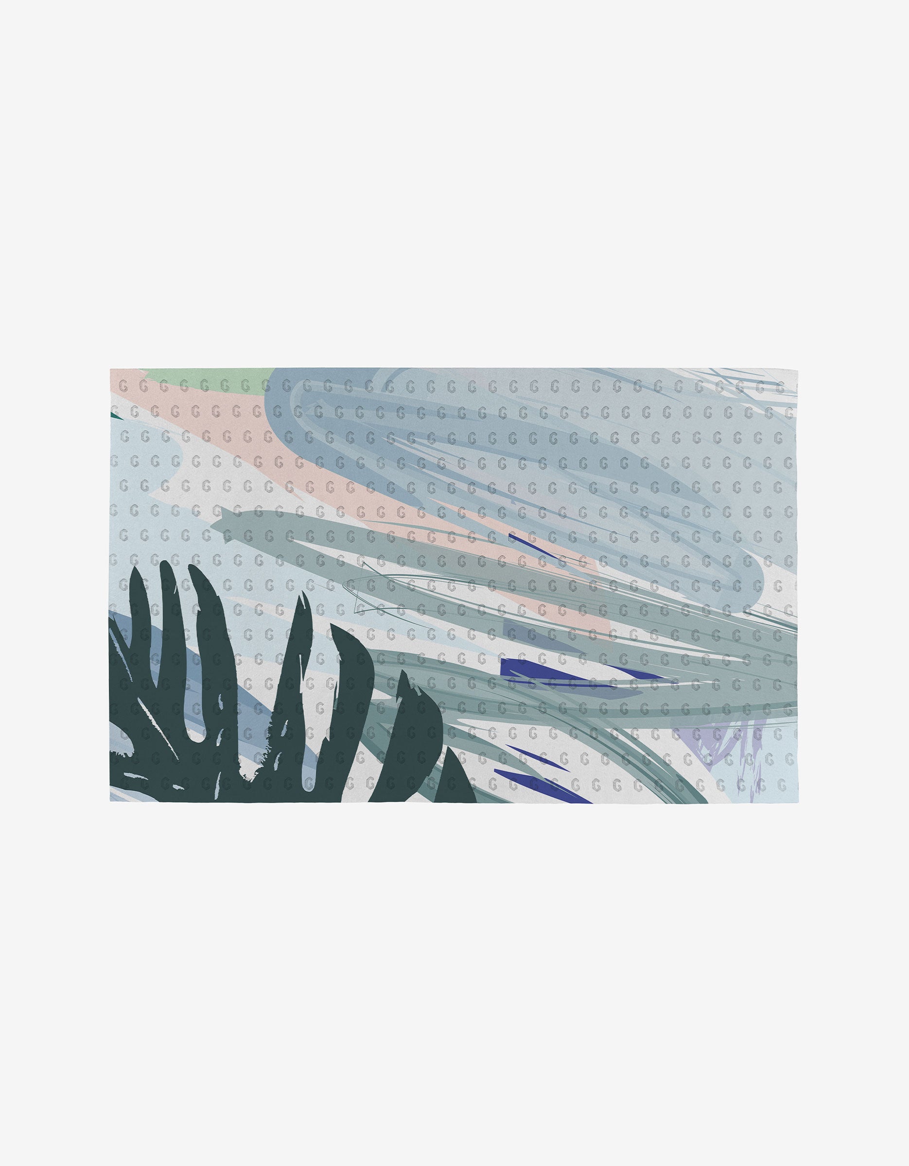 Abstract artwork with pale blue, green, and pink brushstrokes and dark green tropical leaves, featuring a dotted overlay. The design evokes reusable GEOMETRY Not Paper Towels—environmentally friendly. Product name: Create.