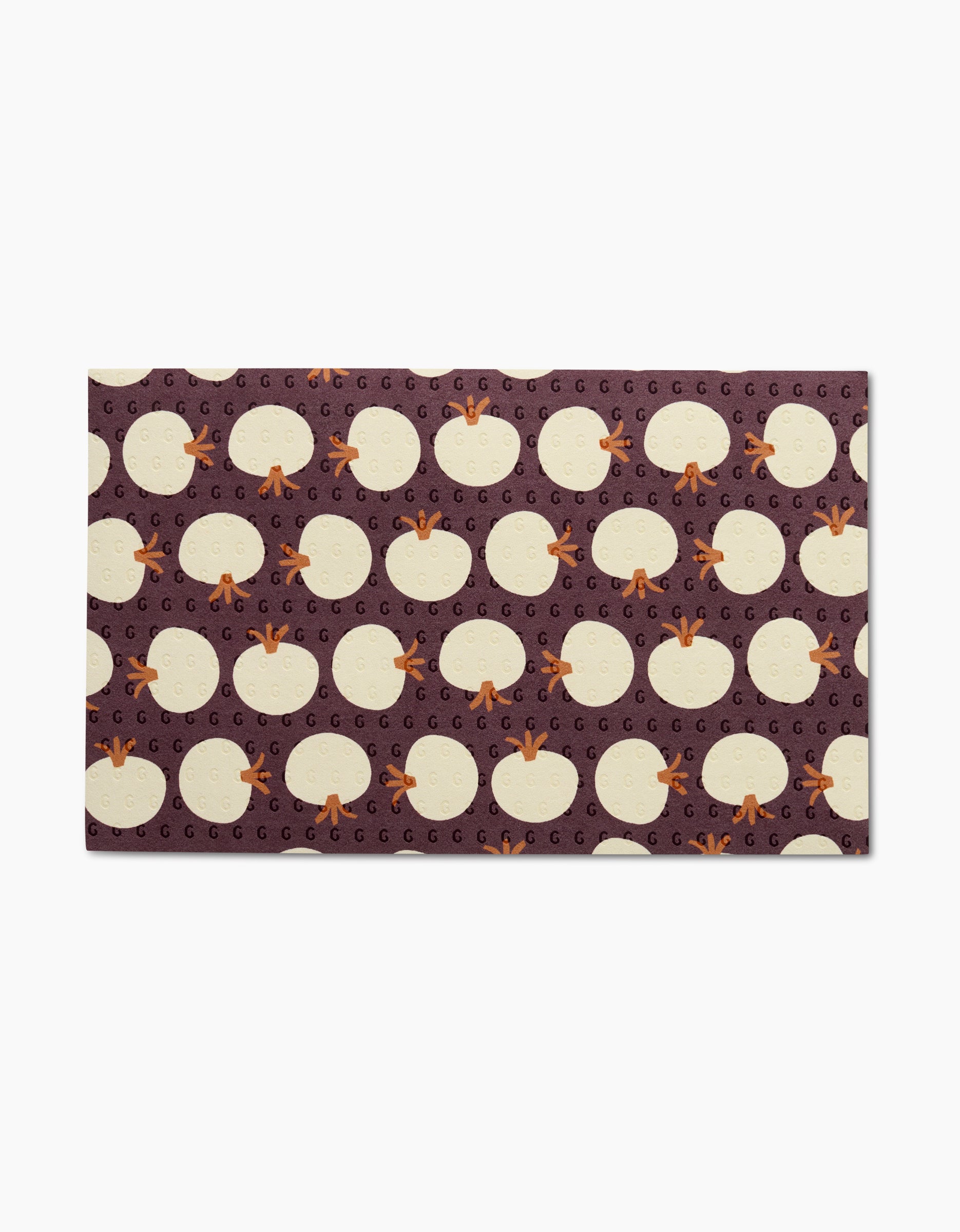 Add vibrant color to your kitchen with the Dancing Fall mat by Lizzie Clark, featuring white eggs, orange chicken feet, and small G letters on a dark purple background—perfect for pairing with reusable paper towels.