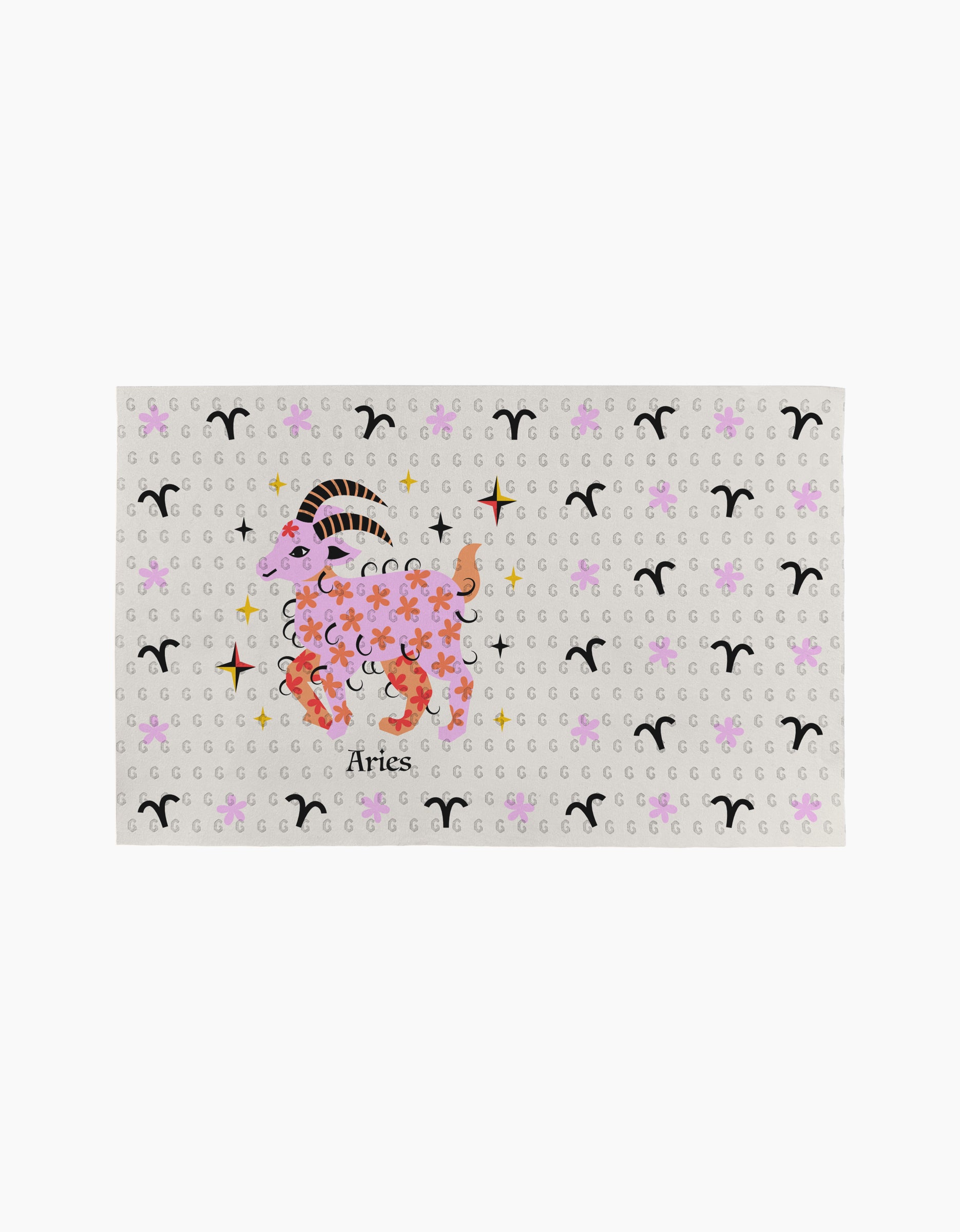 Daring Aries" by Heather Zhou features a ram adorned with pink flowers, stars, and Aries symbols on a light background—ideal for eco-friendly kitchen towels or reusable paper towels.