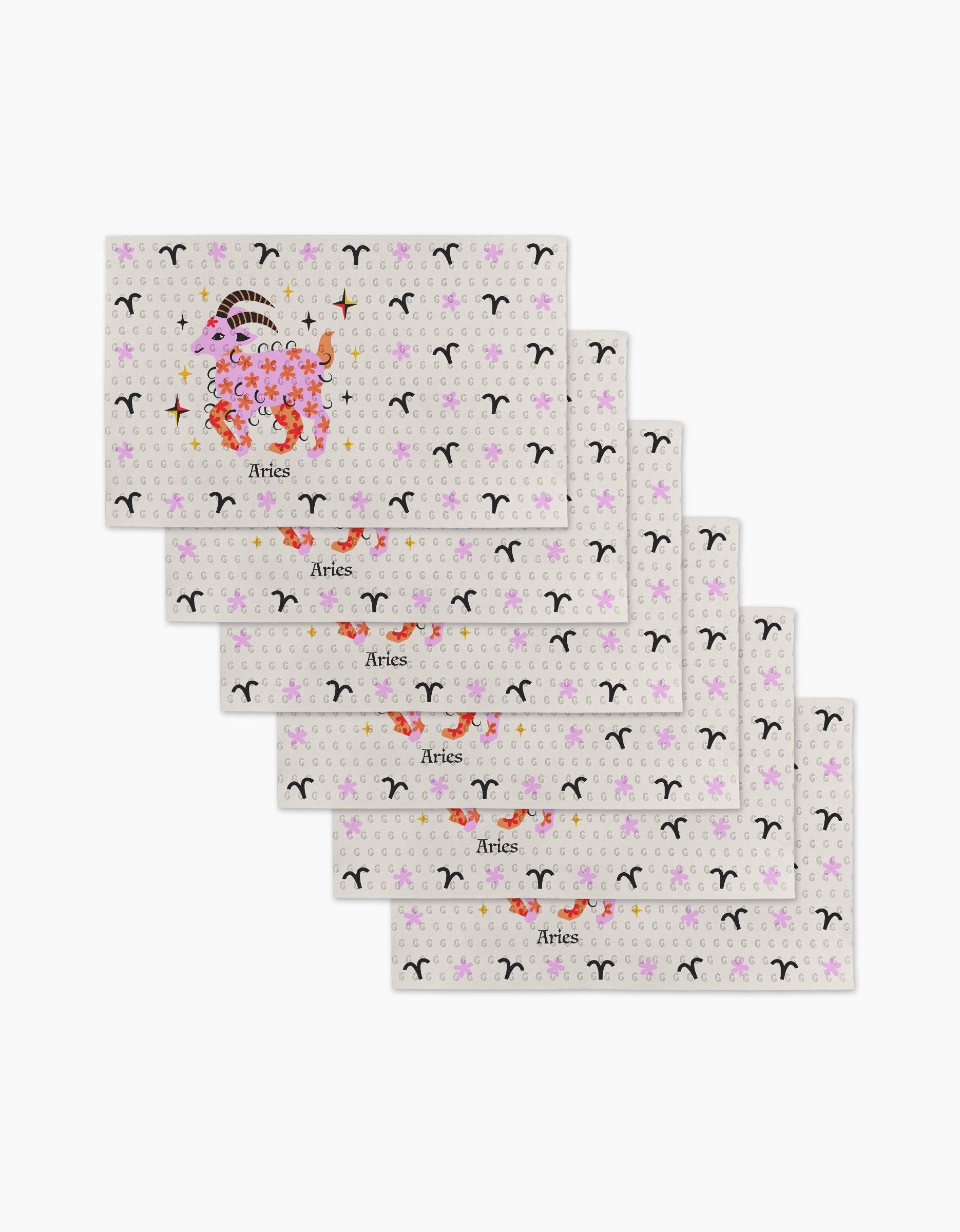 Six "Daring Aries" cards by Heather Zhou are fanned out, each showing a floral ram illustration, the word Aries, and a repeating Aries zodiac symbol—evoking the charm of eco-friendly kitchen towels.