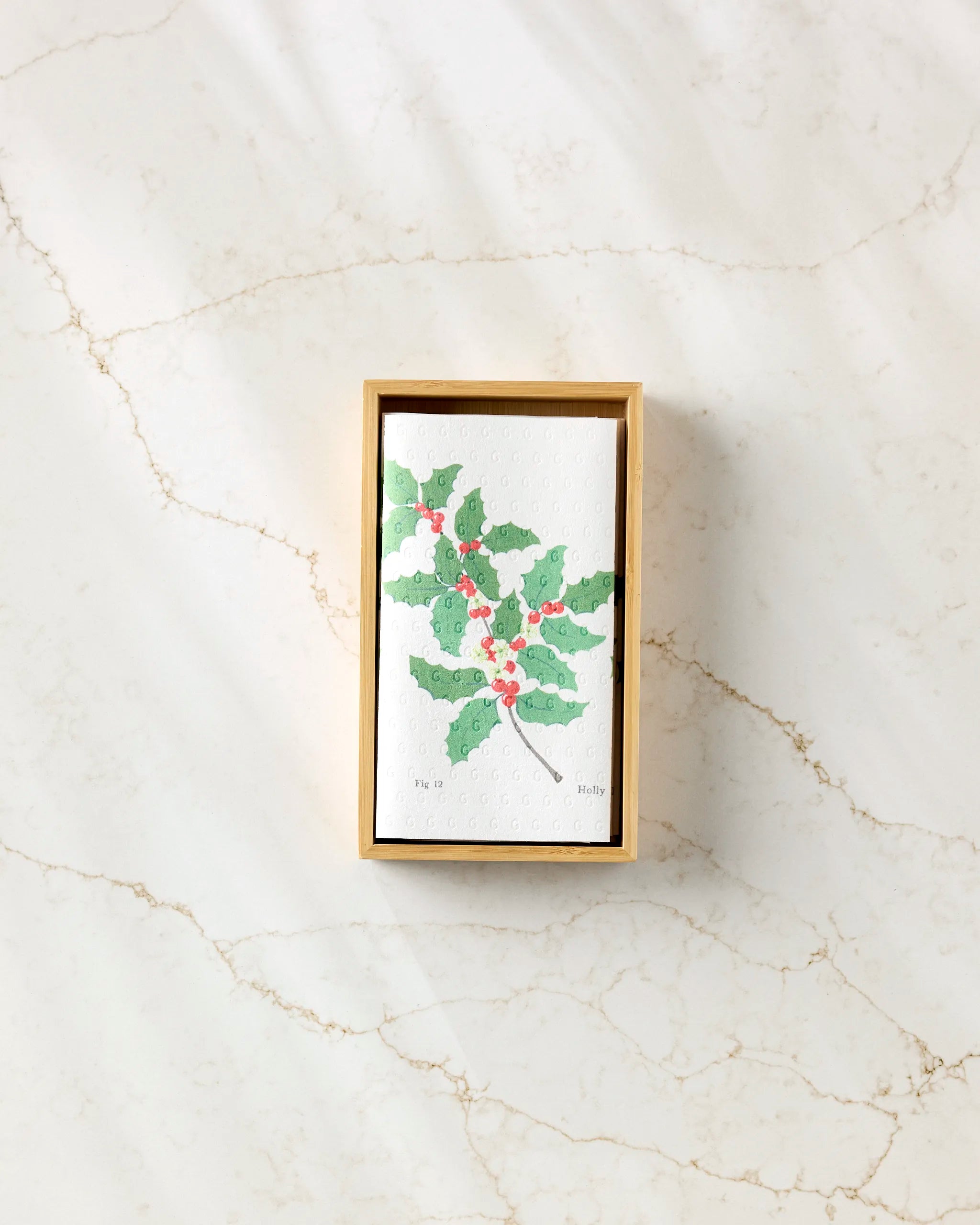 On a marble surface, the Linda Fox "December Holly" box contains a card with green holly and red berries, plus eco-friendly paper towels for sustainability.