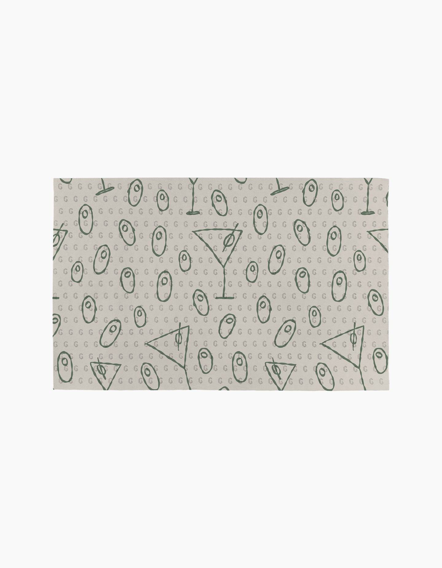 The Dirty Martini by Rosa Kichline is a rectangular cloth with a beige background and green geometric symbols, including circles, triangles, lines, and small Gs—an eco-friendly and stylish alternative to paper towels for your home.
