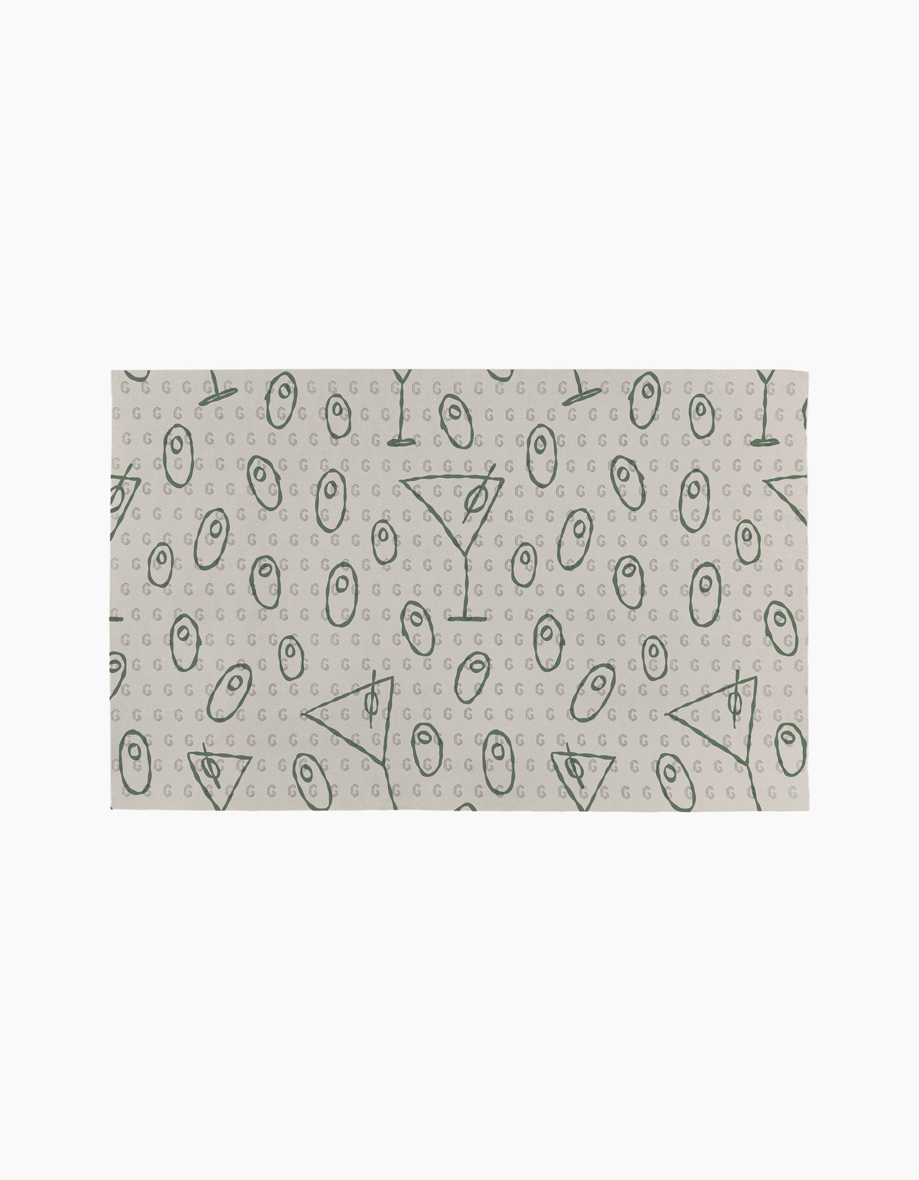 The Dirty Martini by Rosa Kichline is a rectangular cloth with a beige background and green geometric symbols, including circles, triangles, lines, and small Gs—an eco-friendly and stylish alternative to paper towels for your home.