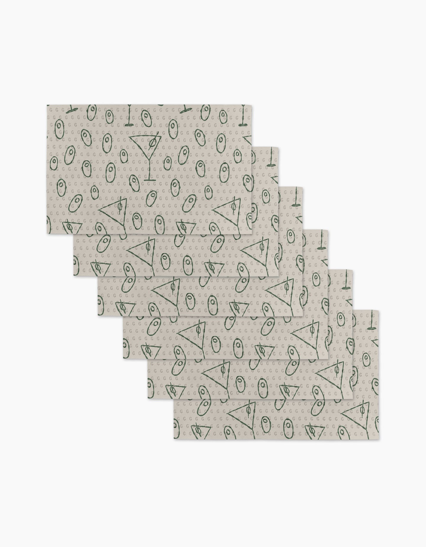 Six beige rectangular reusable paper towels from Rosa Kichline, called Dirty Martini, are stacked and feature a dark green pizza slice and pepperoni pattern, all displayed on a white background.
