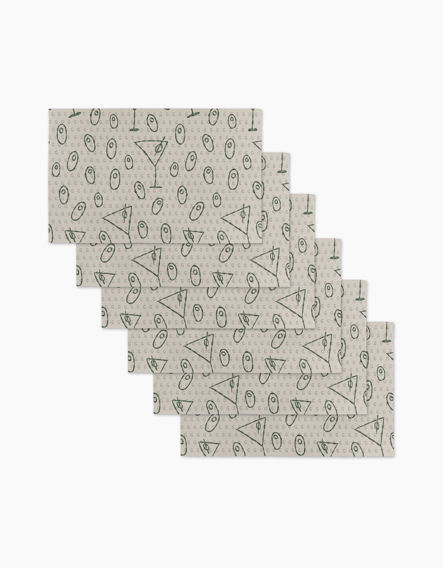 Six beige rectangular reusable paper towels from Rosa Kichline, called Dirty Martini, are stacked and feature a dark green pizza slice and pepperoni pattern, all displayed on a white background.
