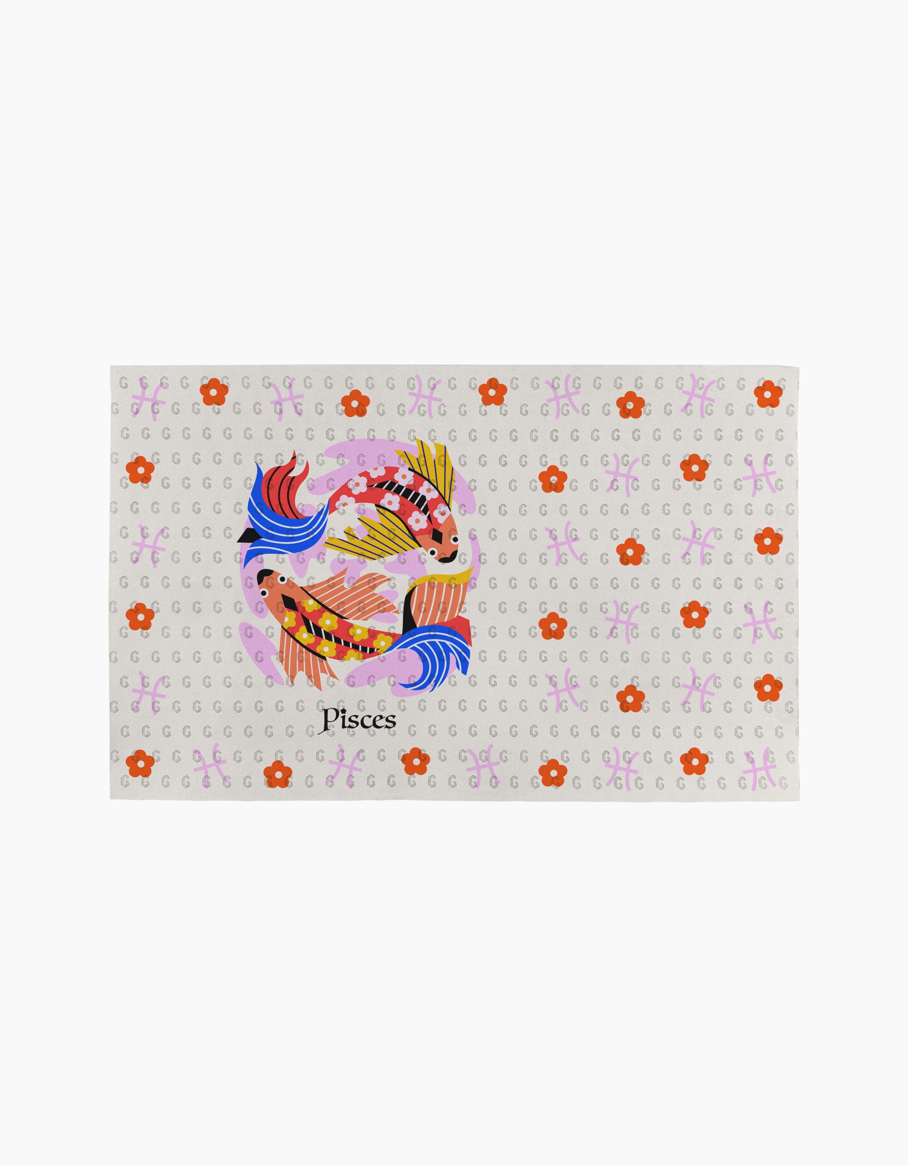 Dreamy Pisces by Heather Zhou features two koi fish swimming in a circle, symbolizing Pisces, with orange fish and purple Pisces symbols on an eco-friendly reusable paper towel. “Pisces” is printed below the illustration.