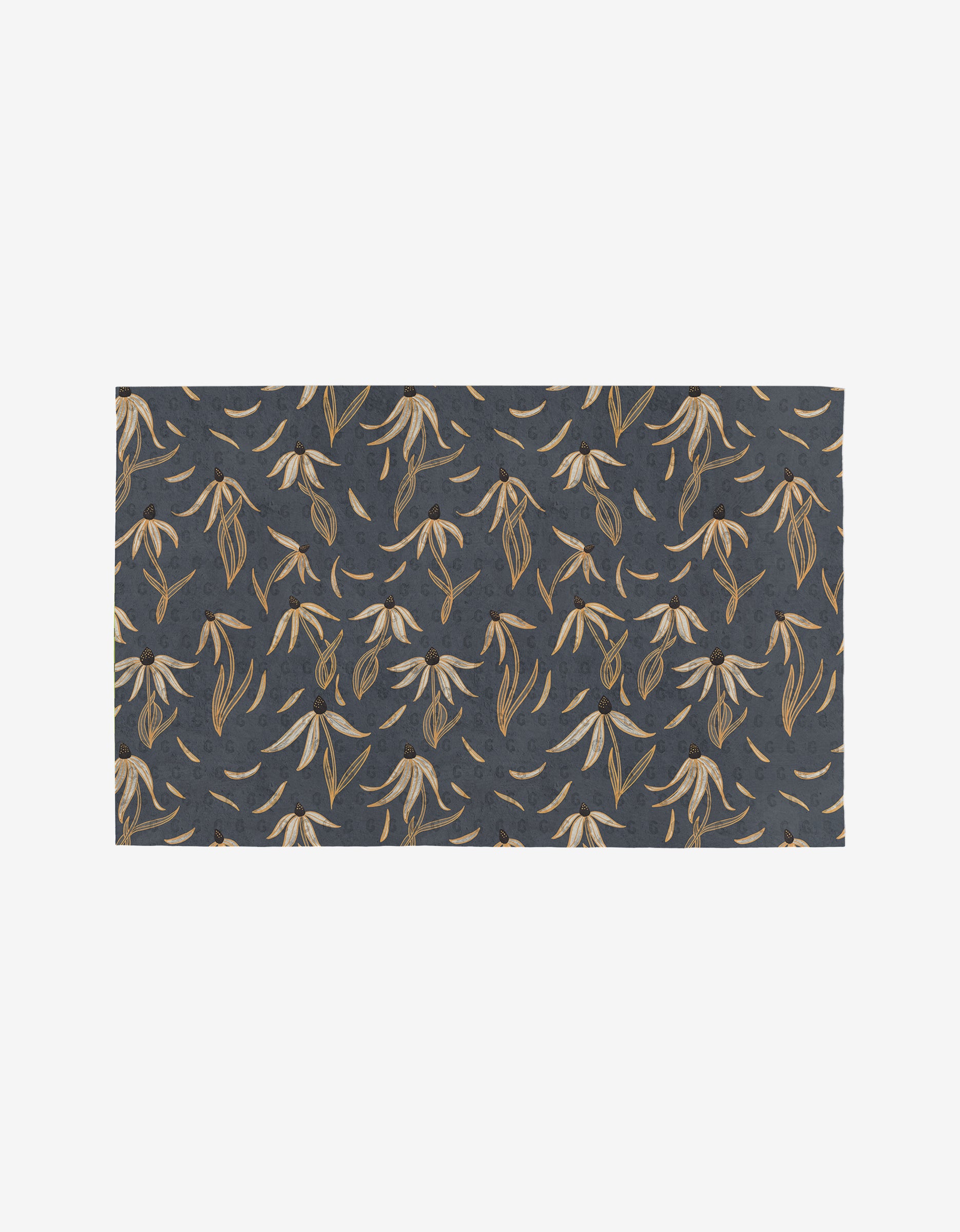 The Echinacea rug by Katie OShea features a dark blue background adorned with a repeating pattern of beige and light brown leaves, inspired by botanical elements and eco-friendly design.