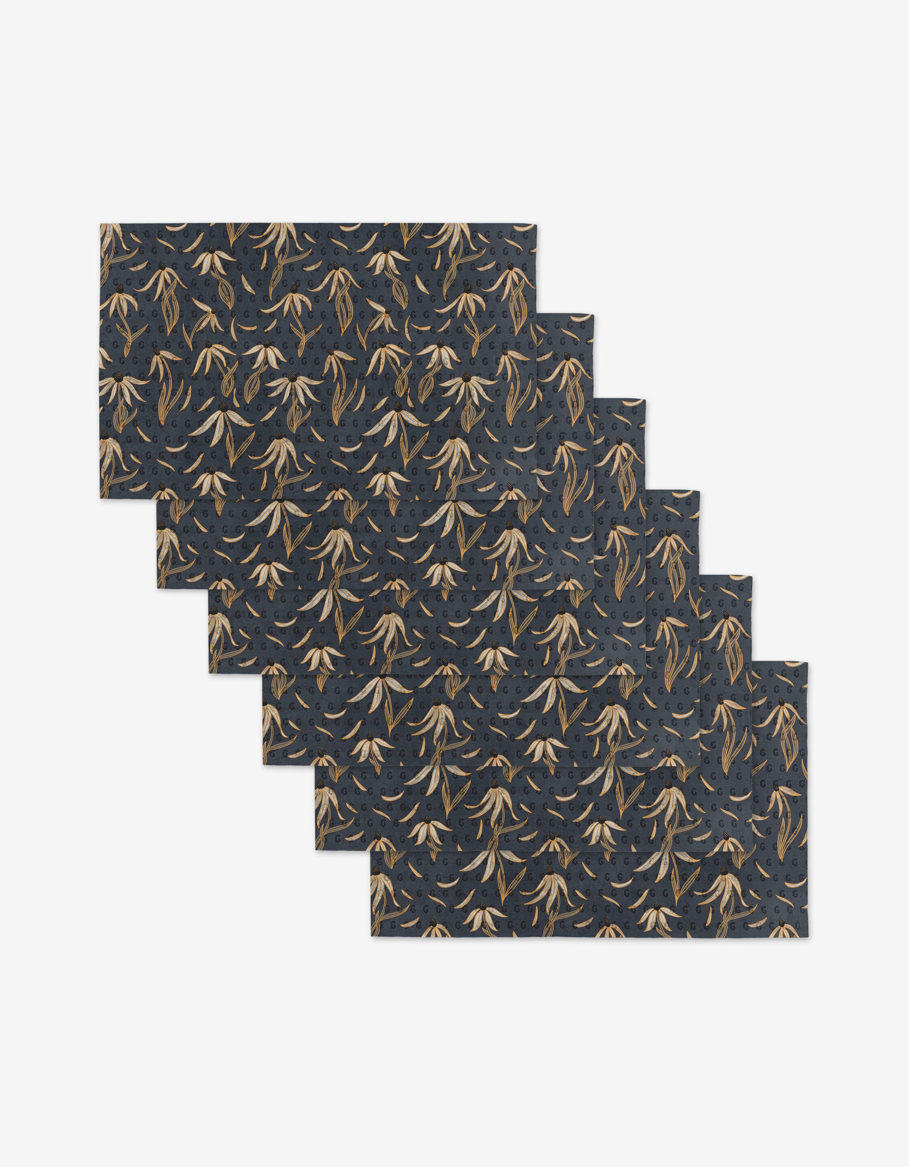 Six Echinacea mats by Katie OShea, made with eco-friendly materials, feature dark blue backgrounds and a repeating brown and tan leaf pattern. They are arranged in a staggered diagonal layout on a white surface.