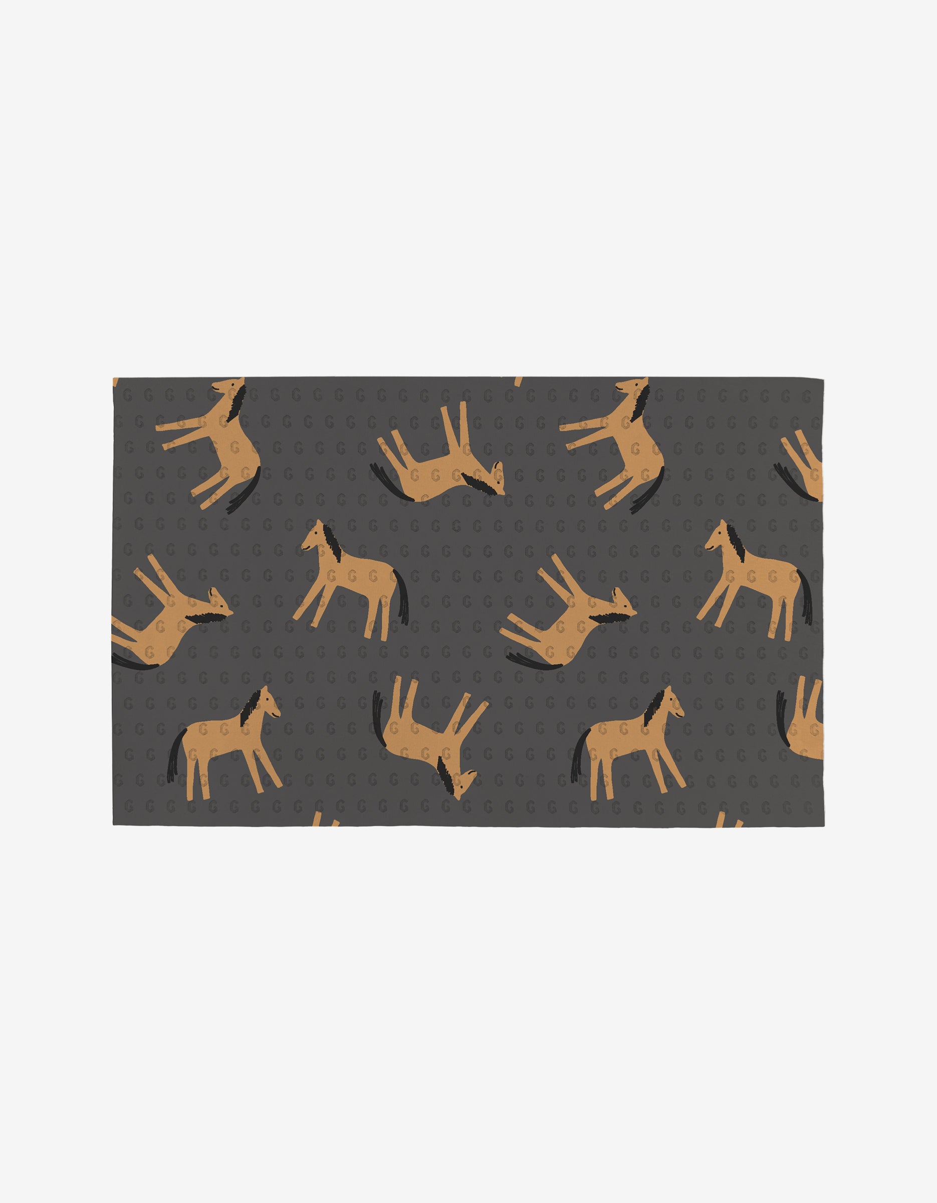 The Farm Animals reusable towel by Coit Creative features a rectangular dark gray design with playful tan donkeys in a repeating pattern on a subtly dotted background, made from eco-friendly post-consumer recycled materials.