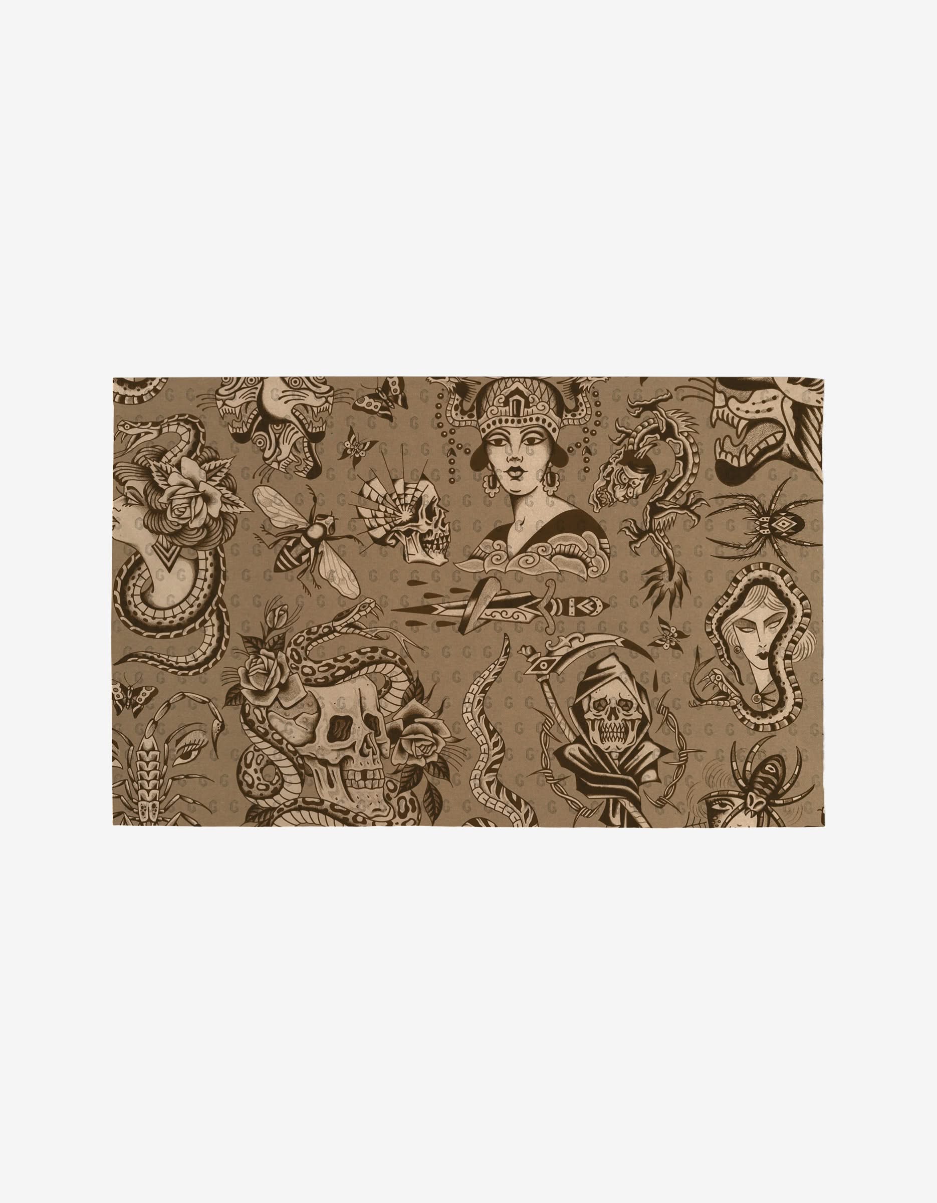 Flash by Cole Strem features a brown background with vintage tattoo-style black and beige illustrations—crowned woman, skull with snake, butterflies, flowers, and more. This reusable design is classic and eco-friendly.
