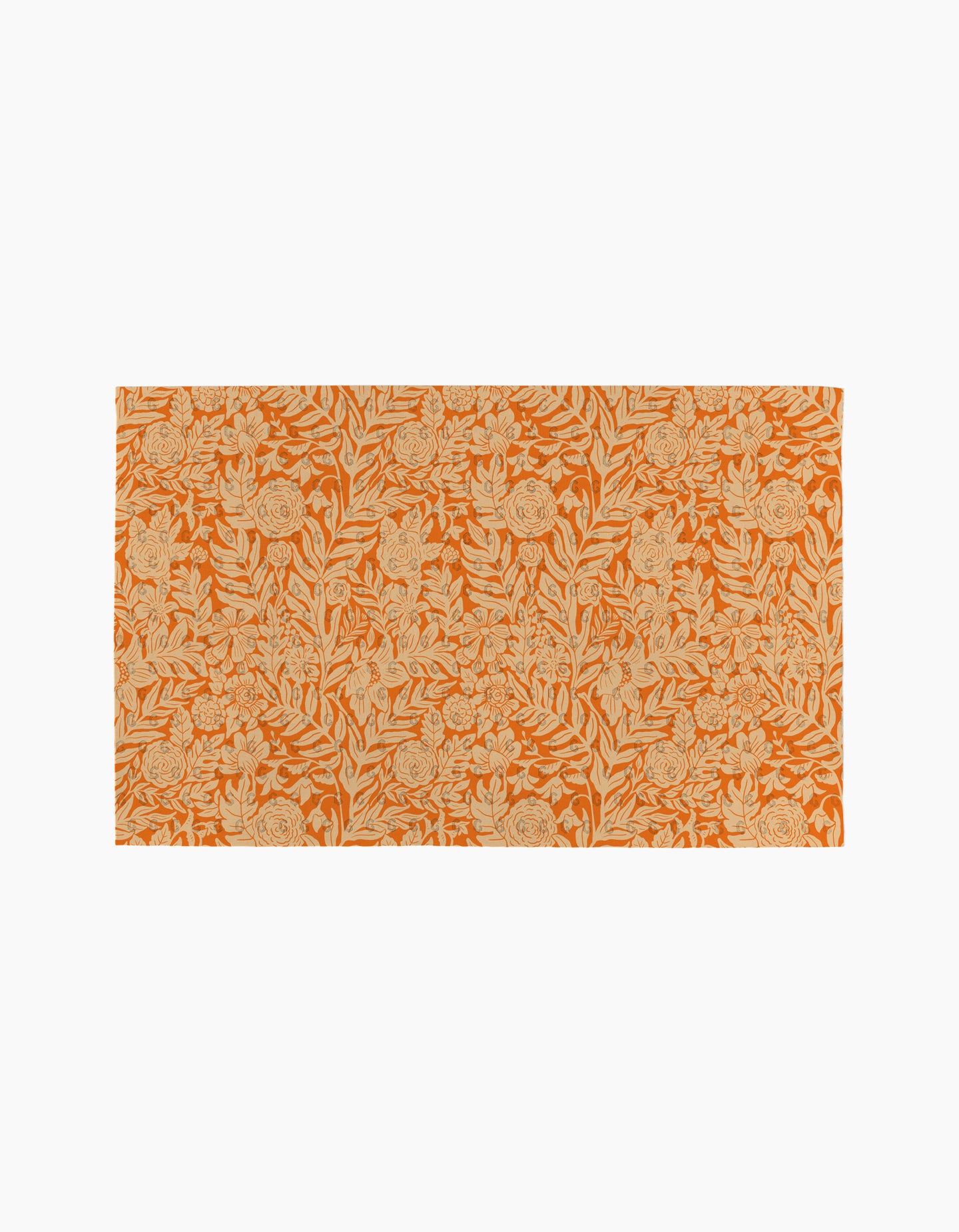 The Florence rug by Katie OShea is a rectangular orange piece with beige floral and leafy patterns on a plain white background, adding eco-friendly style and sustainability to any space.