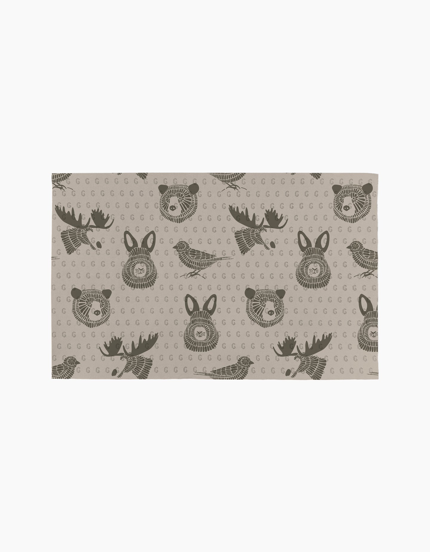 Forest Animals by Rosa Kichline: A beige rectangular fabric with moose heads, bear faces, and feathers in dark brown circles—eco-friendly kitchen towels for a charming, sustainable touch to your home.