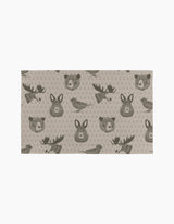 Forest Animals by Rosa Kichline: A beige rectangular fabric with moose heads, bear faces, and feathers in dark brown circles—eco-friendly kitchen towels for a charming, sustainable touch to your home.