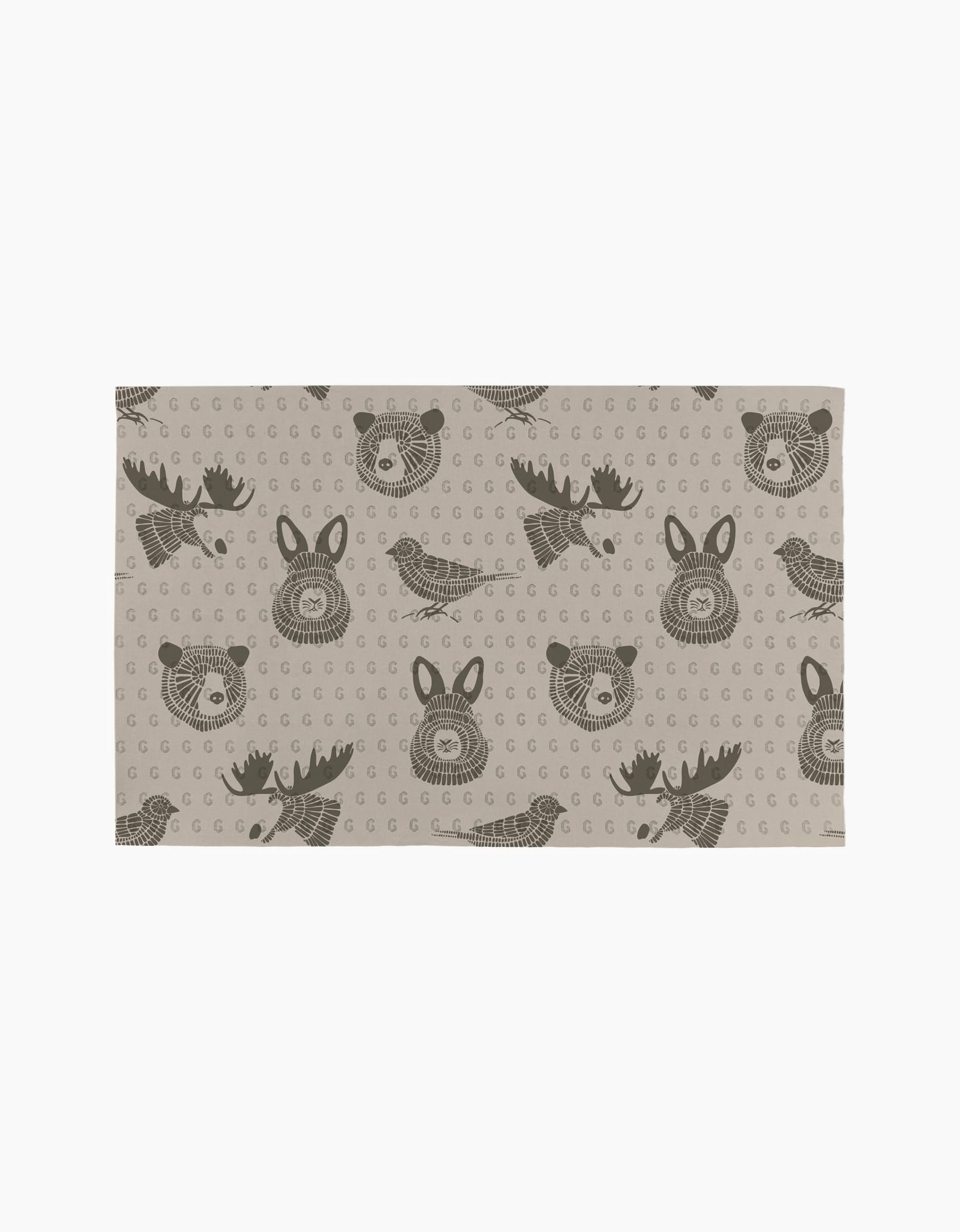 Forest Animals by Rosa Kichline: A beige rectangular fabric with moose heads, bear faces, and feathers in dark brown circles—eco-friendly kitchen towels for a charming, sustainable touch to your home.