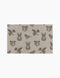 Forest Animals by Rosa Kichline: A beige rectangular fabric with moose heads, bear faces, and feathers in dark brown circles—eco-friendly kitchen towels for a charming, sustainable touch to your home.