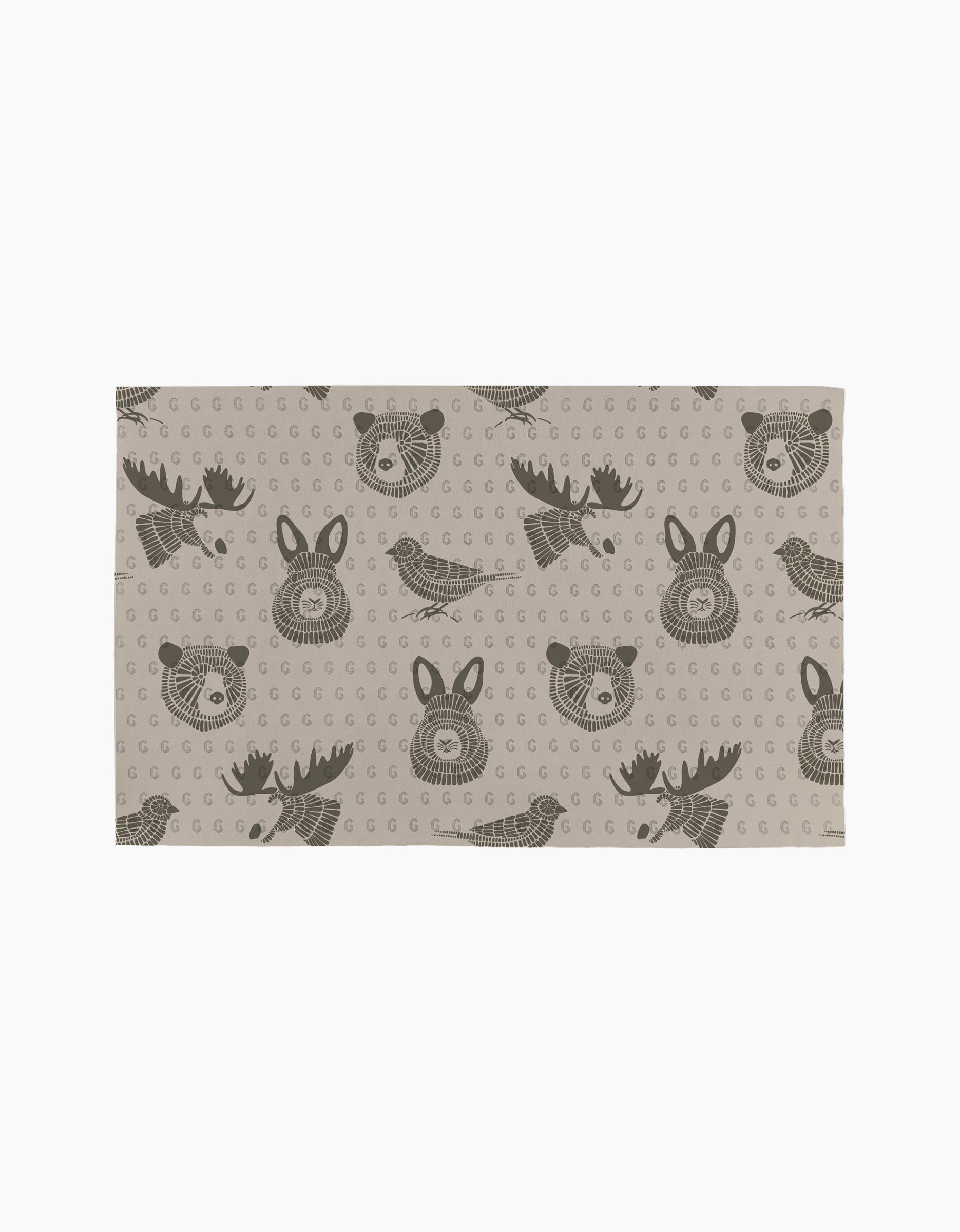 Forest Animals by Rosa Kichline: A beige rectangular fabric with moose heads, bear faces, and feathers in dark brown circles—eco-friendly kitchen towels for a charming, sustainable touch to your home.