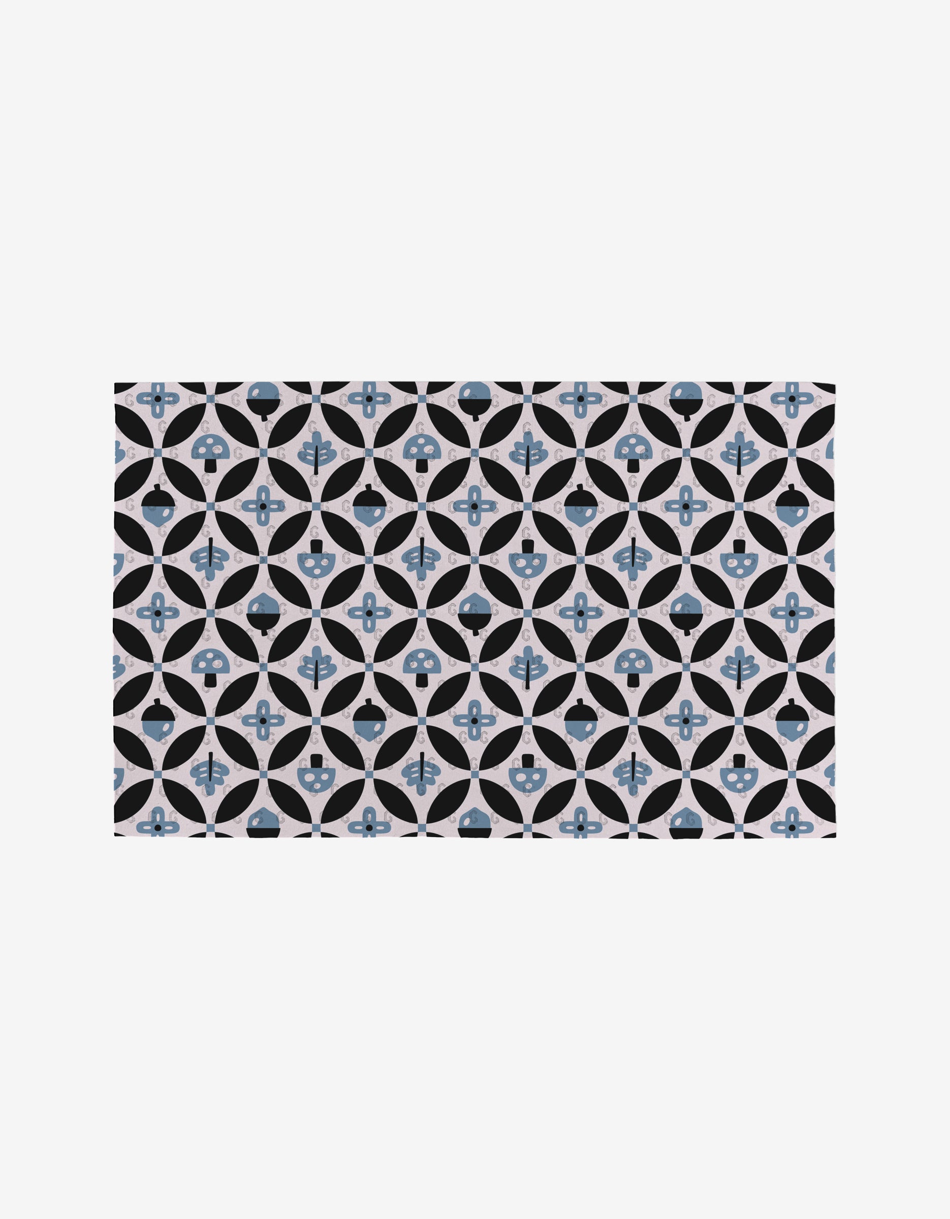 Forest Findings by Anette Heiberg features a repeating geometric tile pattern with blue and black circles, crosses, and petal shapes on a light background—a symmetrical, eco-friendly decorative motif.