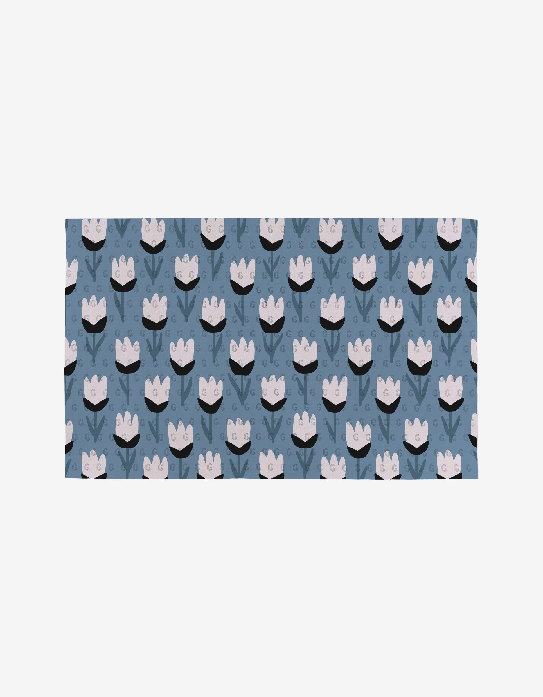 Forest Findings by Anette Heiberg is a rectangular fabric featuring stylized light pink tulips and dark green stems on a muted blue background—a sustainable, eco-friendly option thats not paper towels. Perfect for greener living.