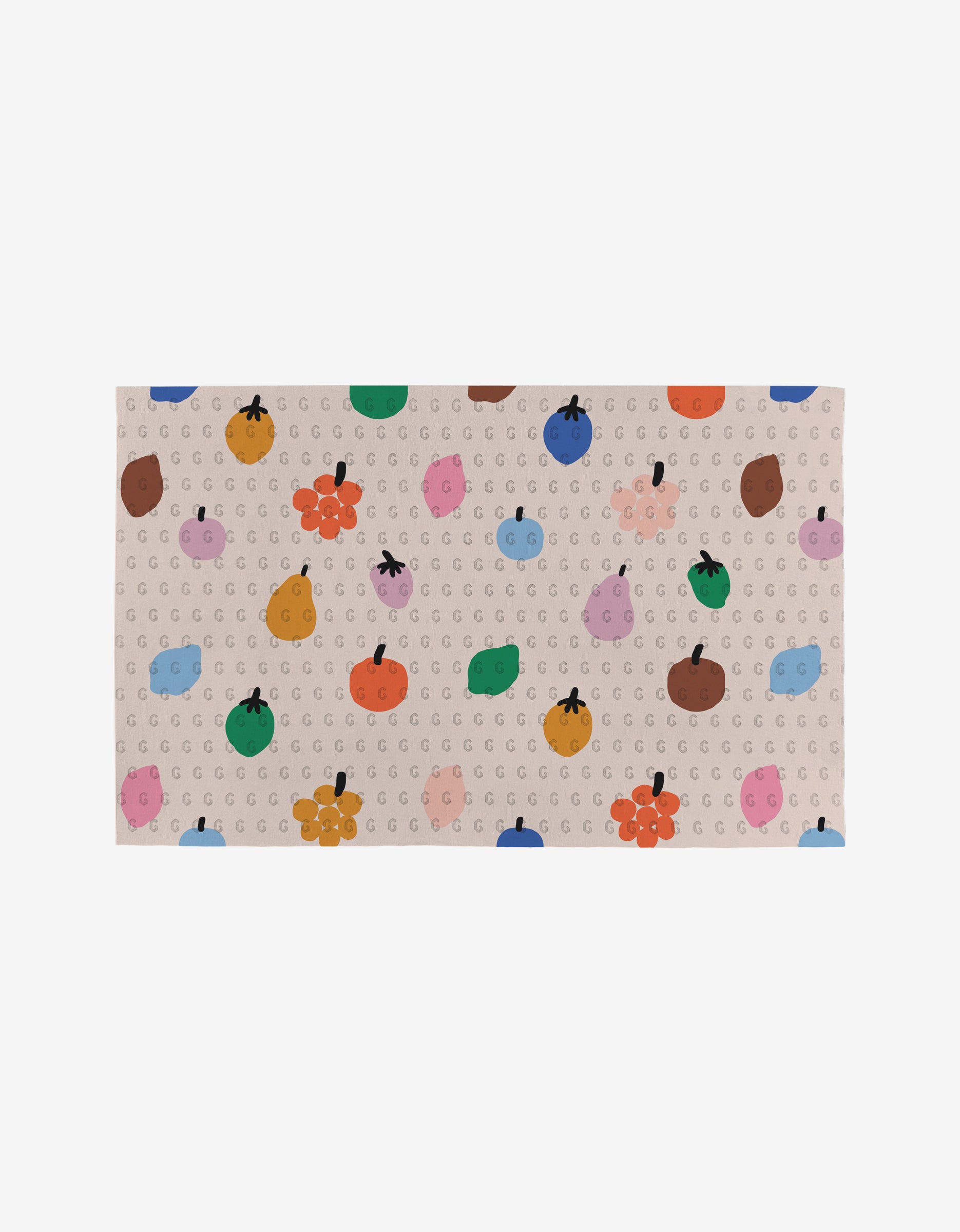 The Fruit Basket rug by Jennifer Bouron is a rectangular beige piece featuring gray G patterns and vibrant fruit and flower illustrations—a stylish, eco-friendly touch for any room.