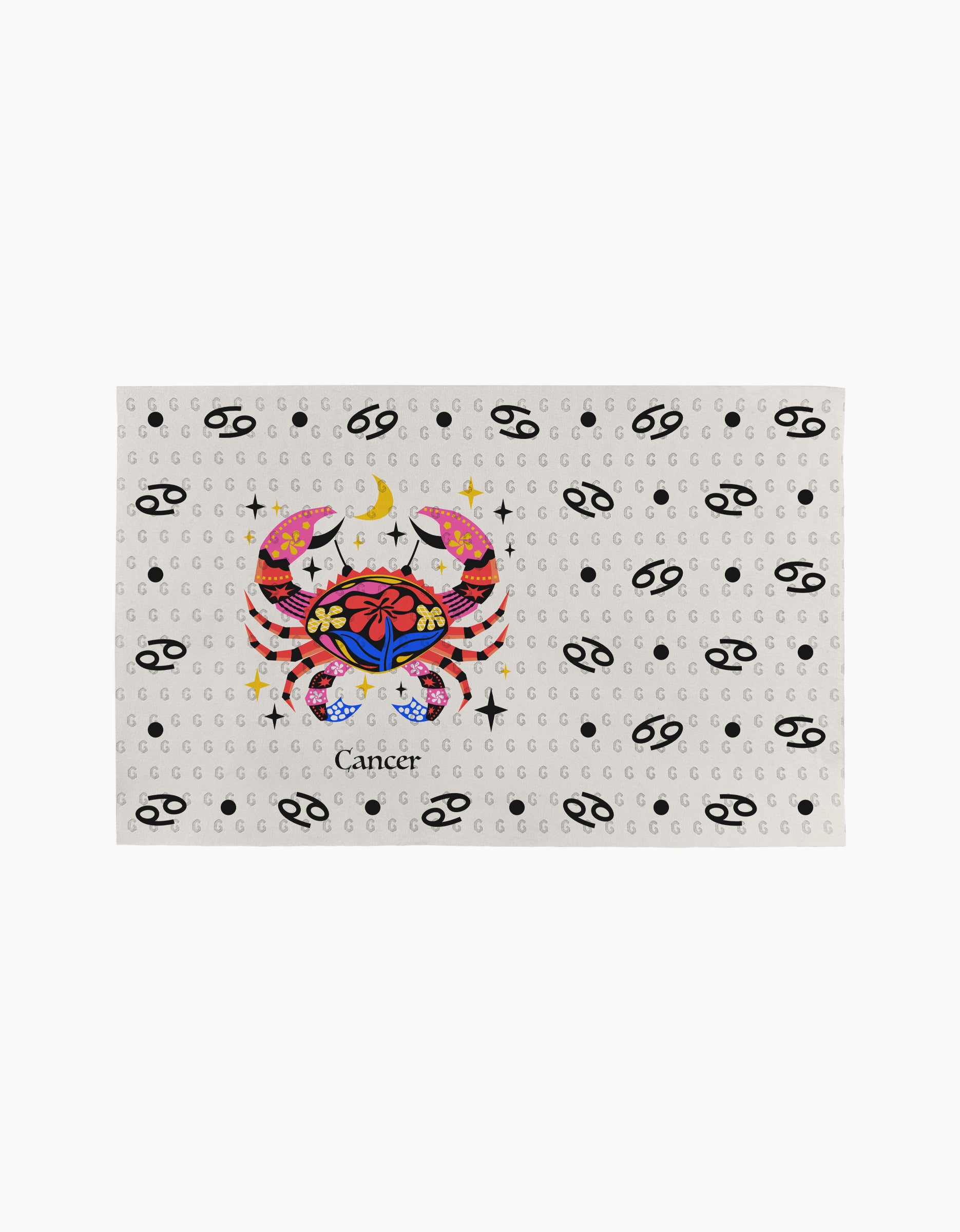 “Gentle Cancer” by Heather Zhou features a vibrant crab, stars, and crescent moon symbolizing Cancer, centered on a white background with repeating glyphs—ideal for sustainable kitchen or eco-friendly paper towels.