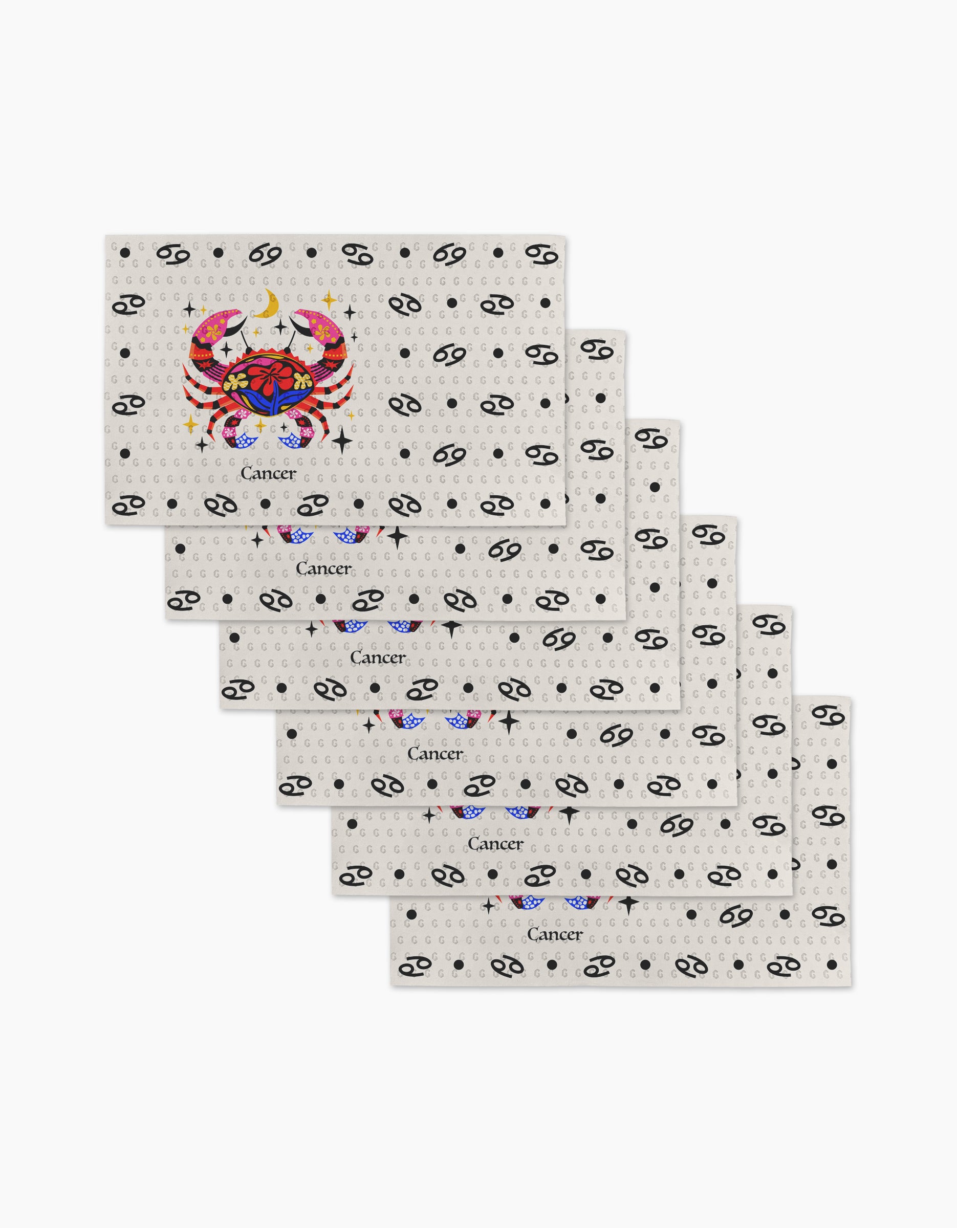 Six rectangular “Gentle Cancer” cards by Heather Zhou, featuring a zodiac crab illustration and “Cancer” label, are fanned out on a white background with repeating Cancer symbols and black icons, evoking an eco-friendly, sustainable vibe.