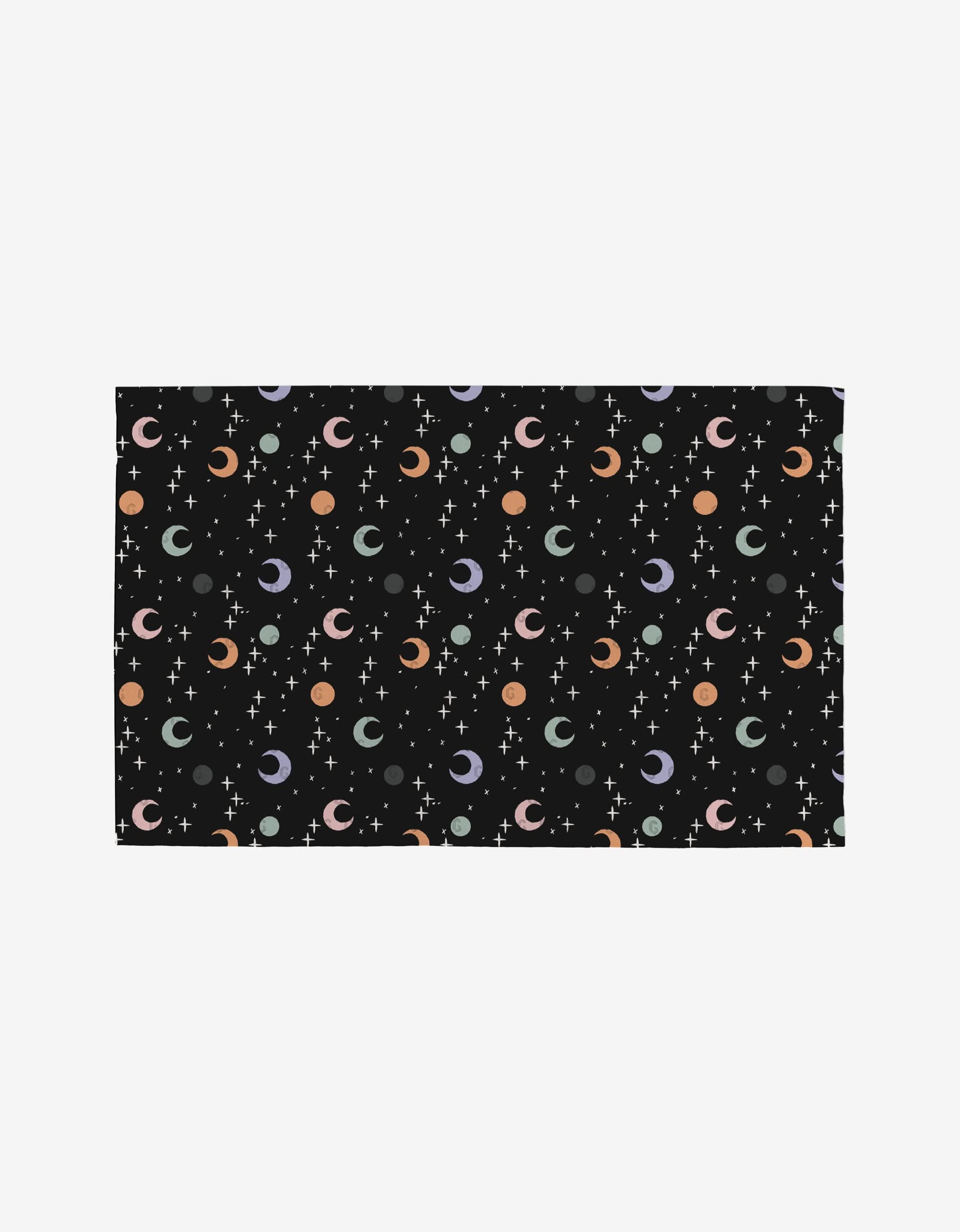 Ghosts In The Night by Charlie Rowan Designs is a rectangular, reusable fabric in black with pastel crescent moons, stars, and circles—an eco-friendly Not Paper Towels alternative.