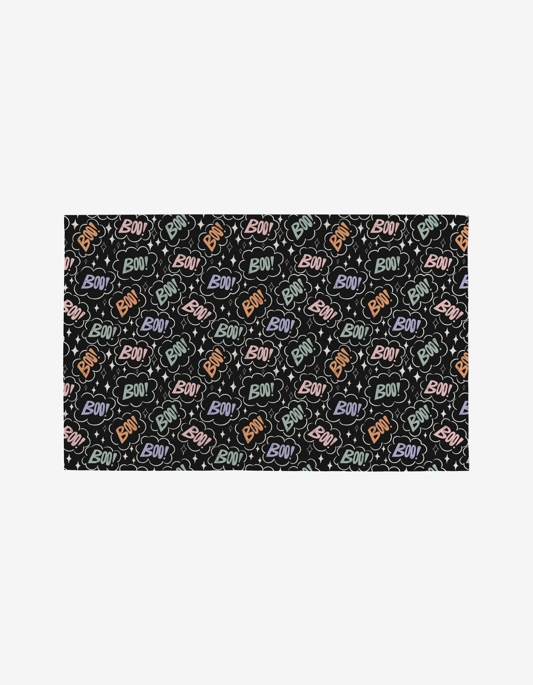 Ghosts In The Night by Charlie Rowan Designs features a black background with colorful comic-style BOO! patterns, ghosts, and speech bubbles—perfect for reusable, eco-friendly Not Paper Towels.