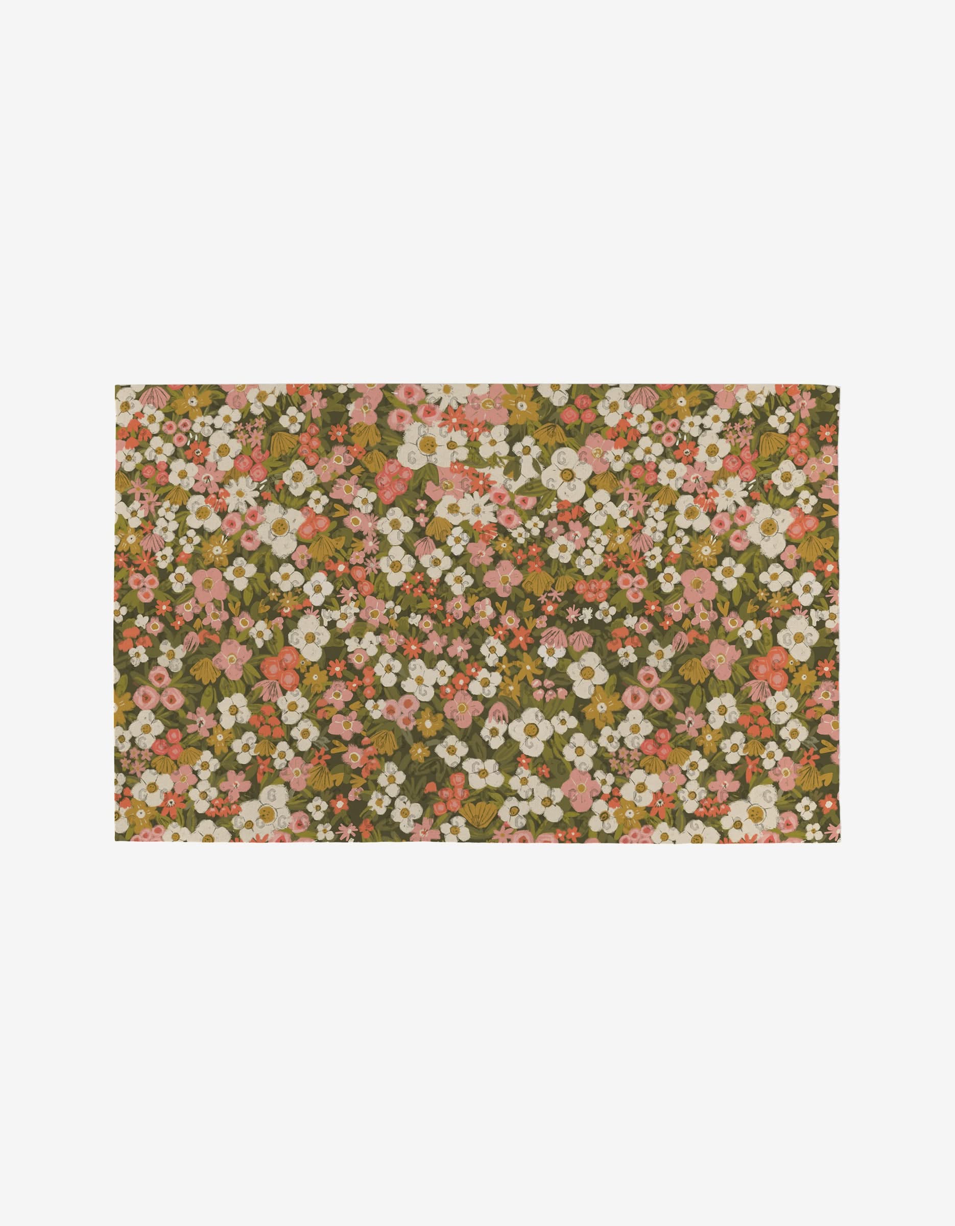 The Lisa Nelson Gilded Garden mat is a rectangular, eco-friendly option with a dense floral print in pink, white, orange, and green on white—featuring small flowers and leaves—making it a perfect reusable alternative to Not Paper Towels.