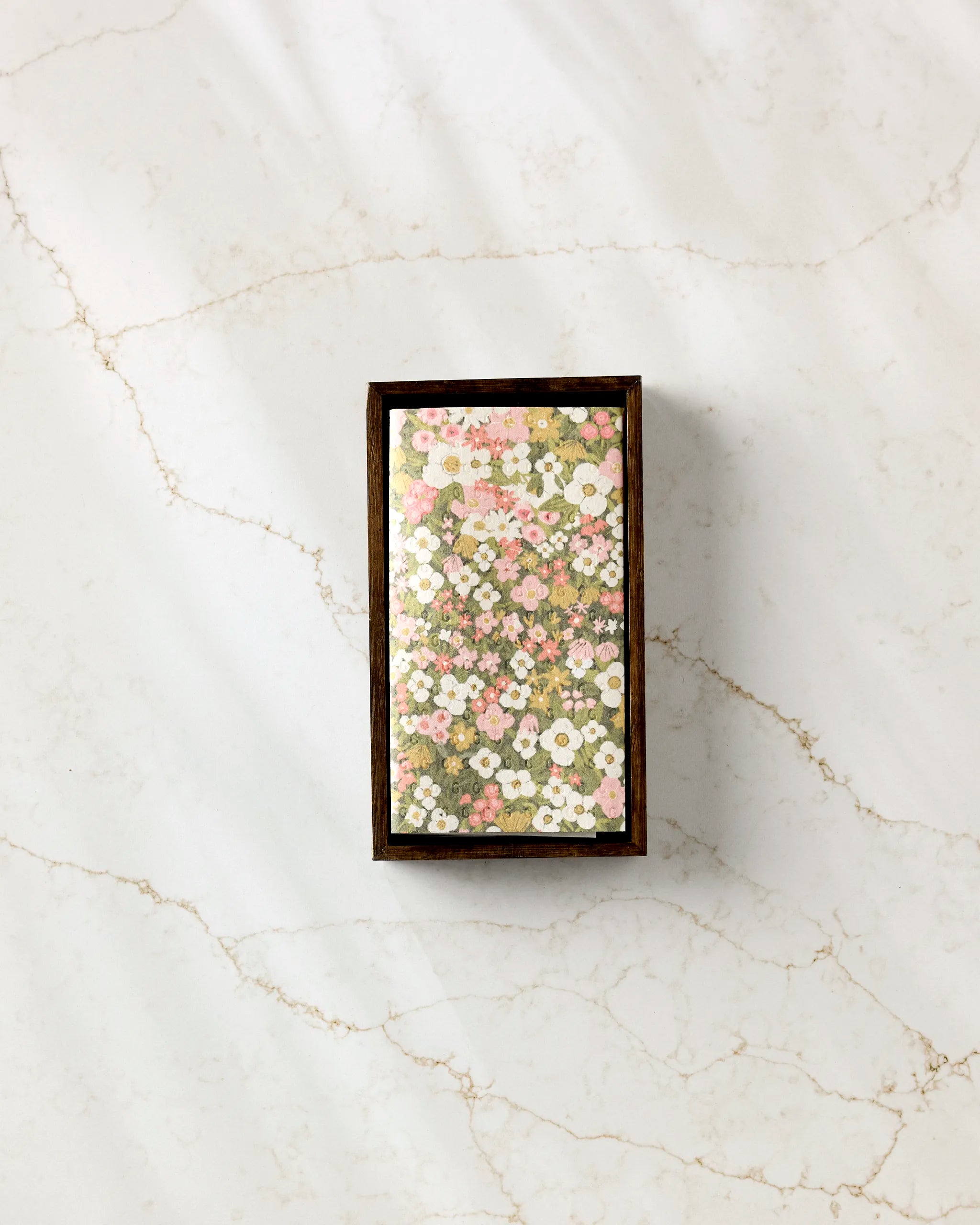 The Lisa Nelson "Gilded Garden" rectangular box features a floral-patterned lid with pink, white, and green blooms—a stylish, eco-friendly way to store your reusable paper towels or Not Paper Towels on any surface.