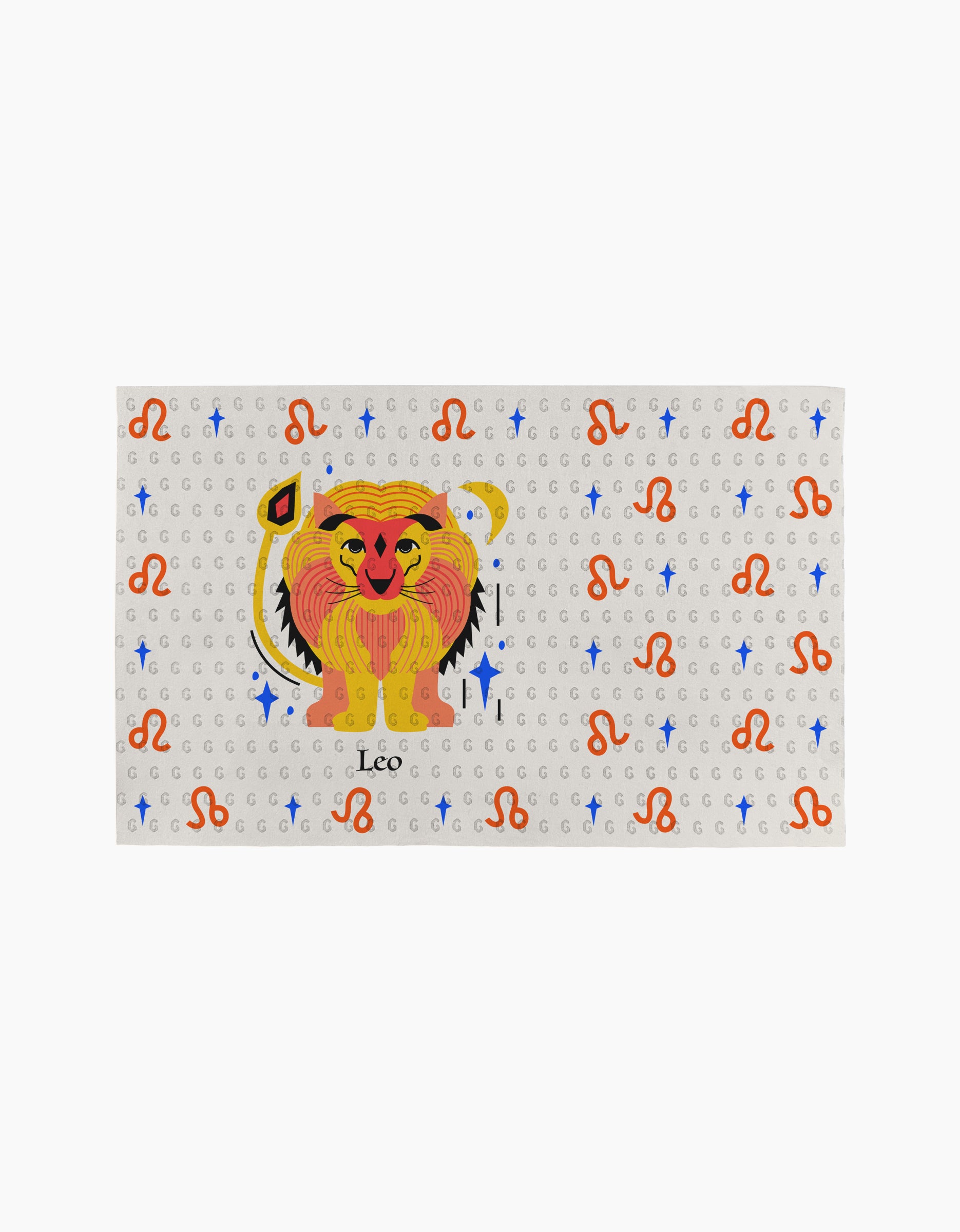 The Glowing Leo towel by Heather Zhou showcases an illustrated lion with a heart for the Leo zodiac, plus orange Leo symbols and blue stars on white eco-friendly paper.