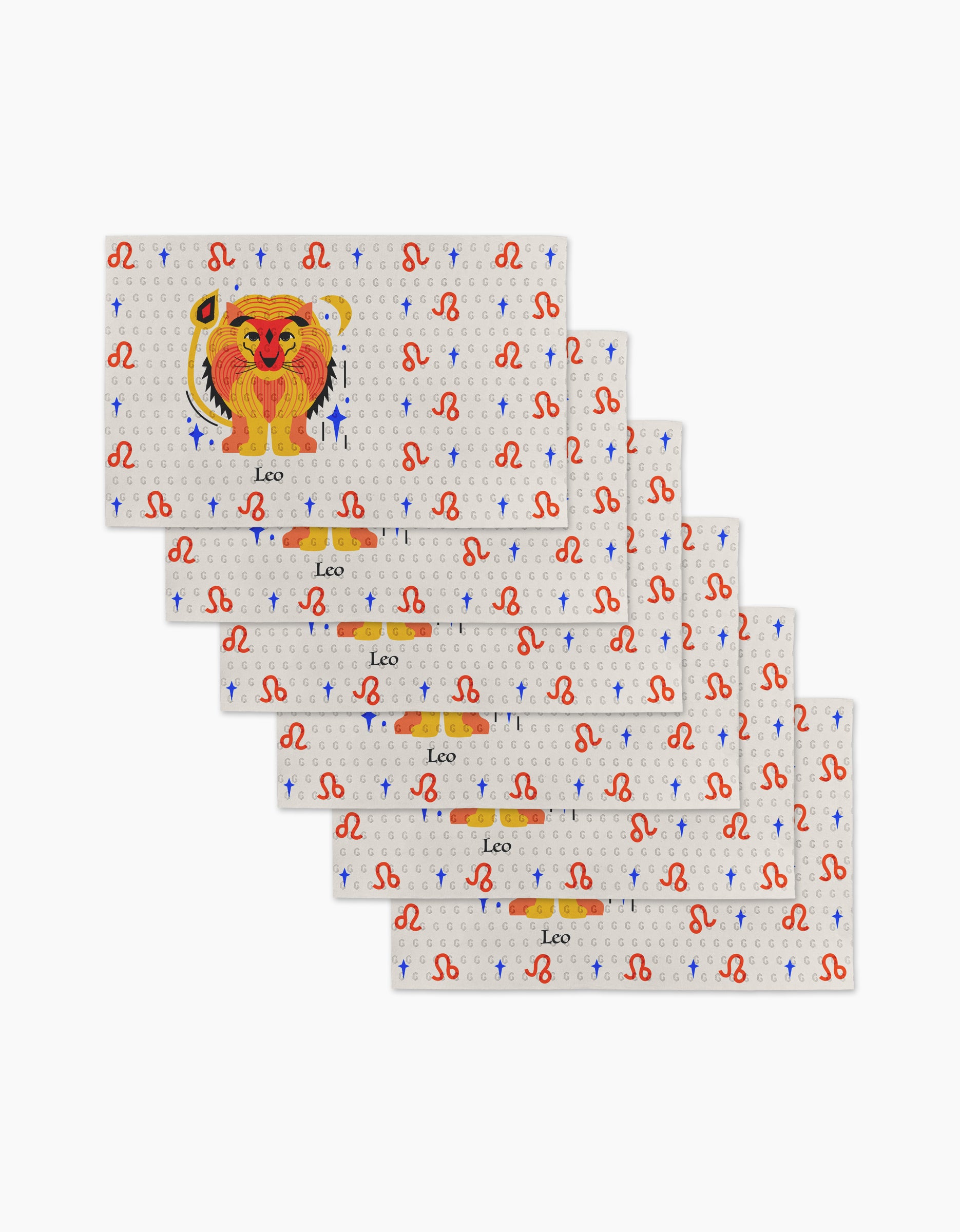 Six rectangular Glowing Leo cards by Heather Zhou, each with a lion face and "Leo" below, are staggered in a stack. The background features repeating Leo zodiac symbols and blue stars.