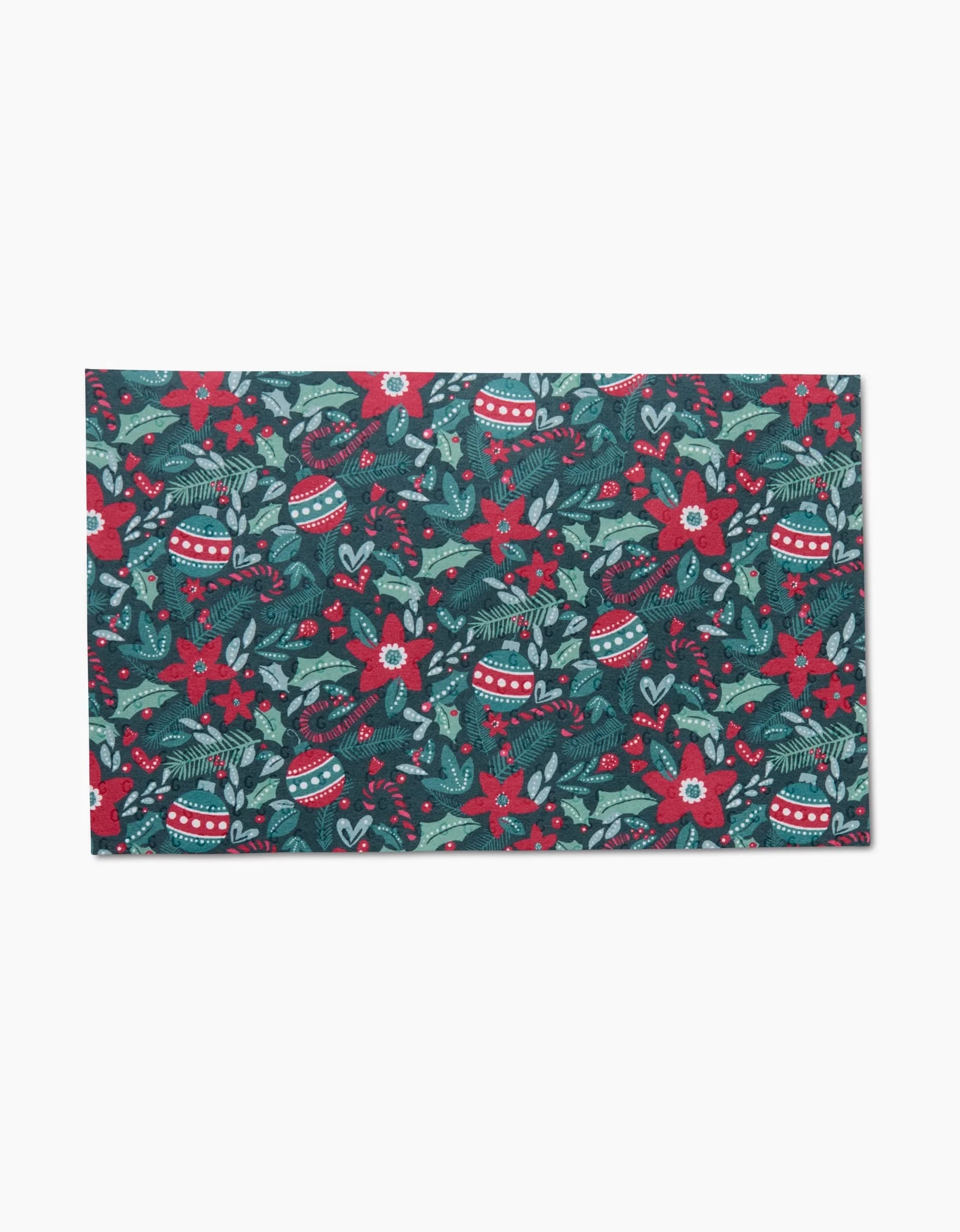 The Happy Christmas mat by Kris Ruff is a festive, rectangular, eco-friendly option featuring poinsettias, holly berries, and ornaments on dark green. Machine washable for easy care.