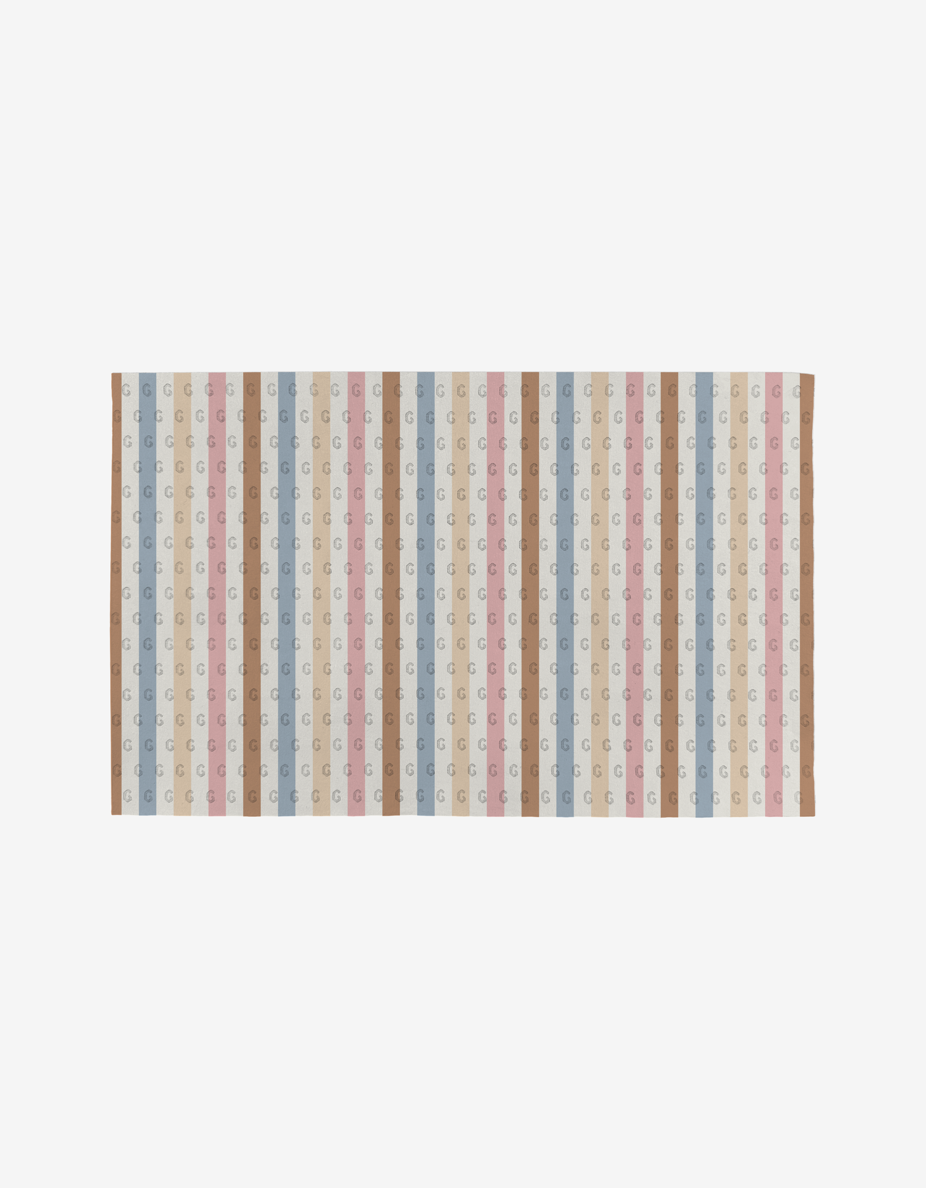 The Heartbreaker rug by Hufton Studio is a rectangular design with vertical stripes in pastel blue, pink, beige, and brown, featuring a subtle repeating G pattern, crafted from eco-friendly post-consumer recycled materials.