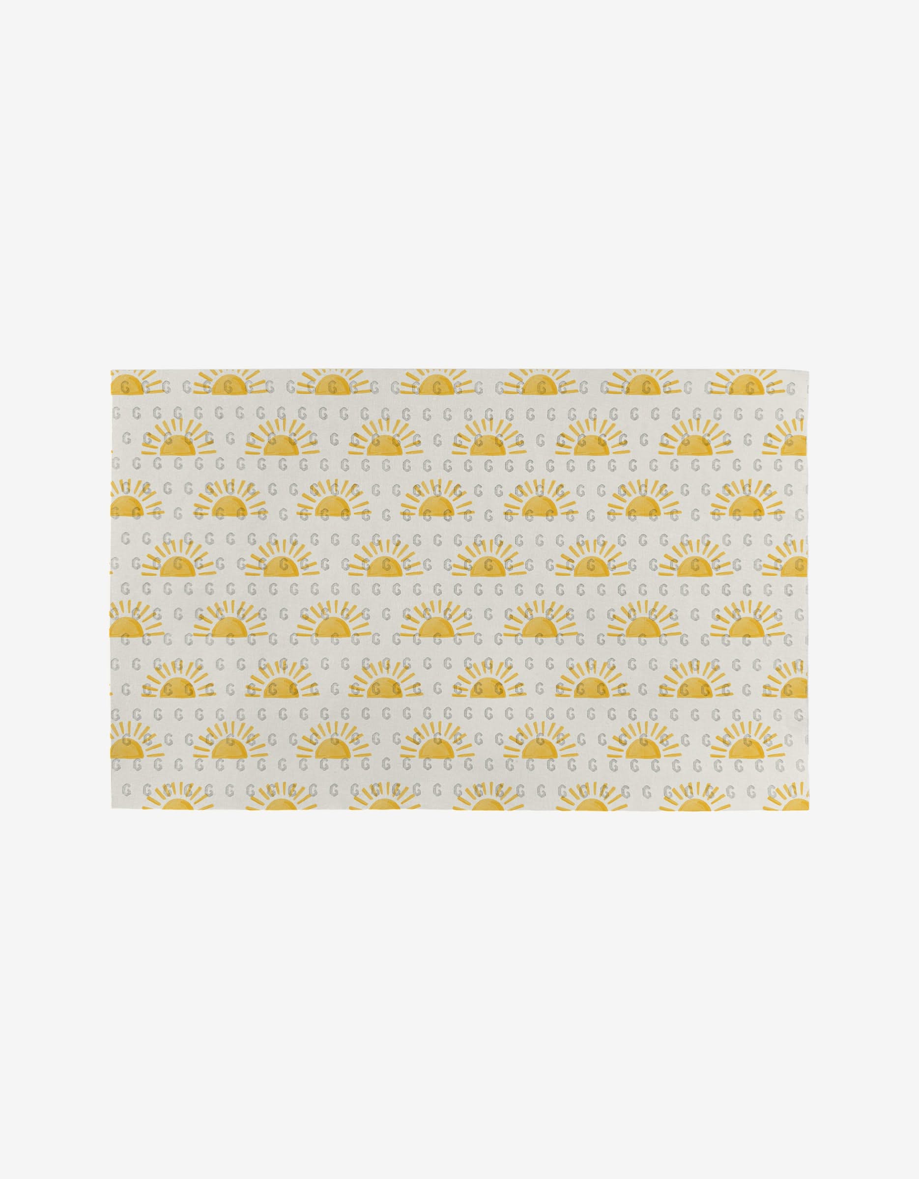 The Here Comes The Sun mat by Aubrey Fairchild is a white, rectangular reusable mat featuring a repeating yellow sun pattern with small gray G’s—an eco-friendly alternative to Not Paper Towels.