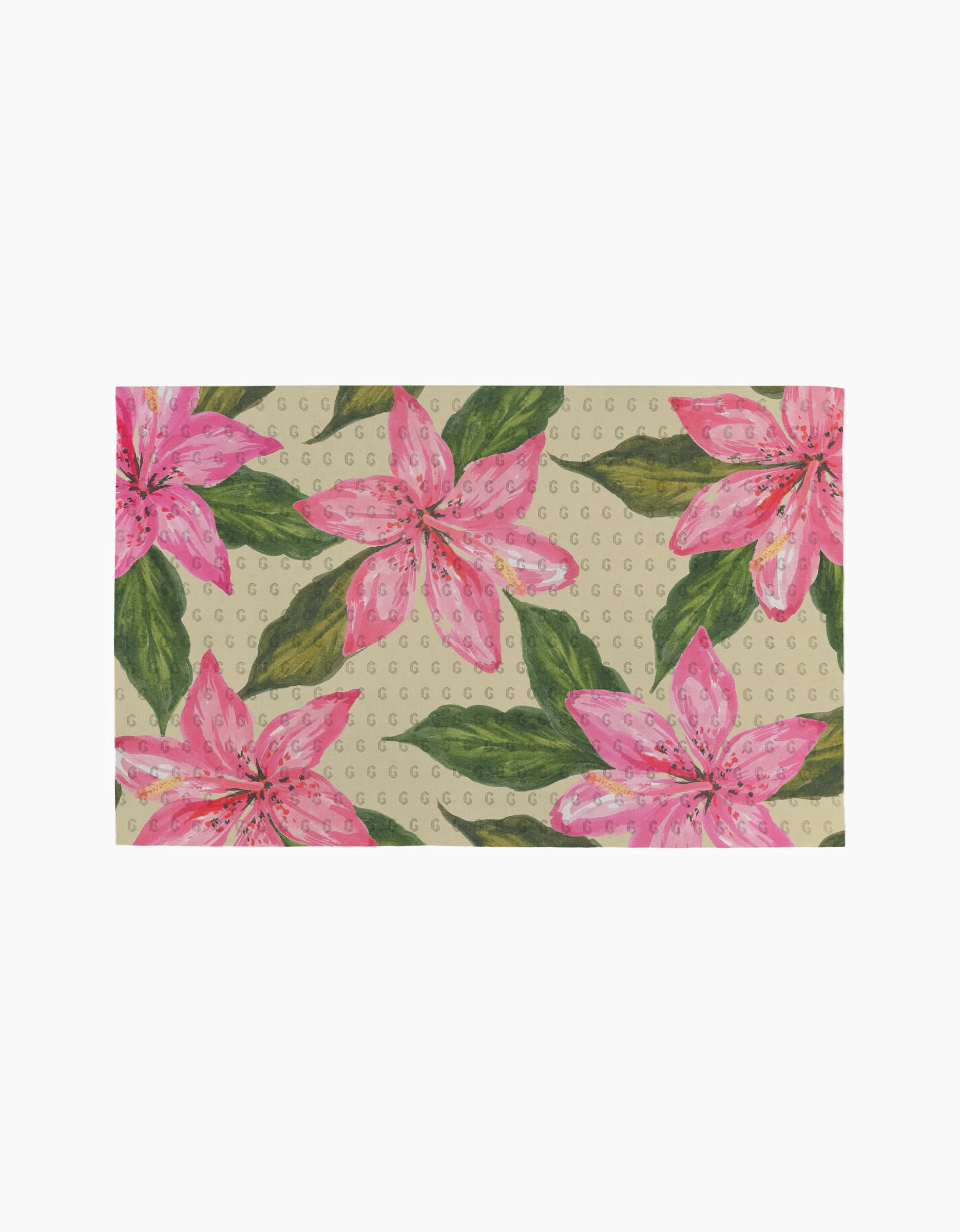 The Hibiscus Haze by Geometry features a beige background with large pink lilies, green leaves, and repeating circular patterns—crafted from post-consumer recycled materials.
