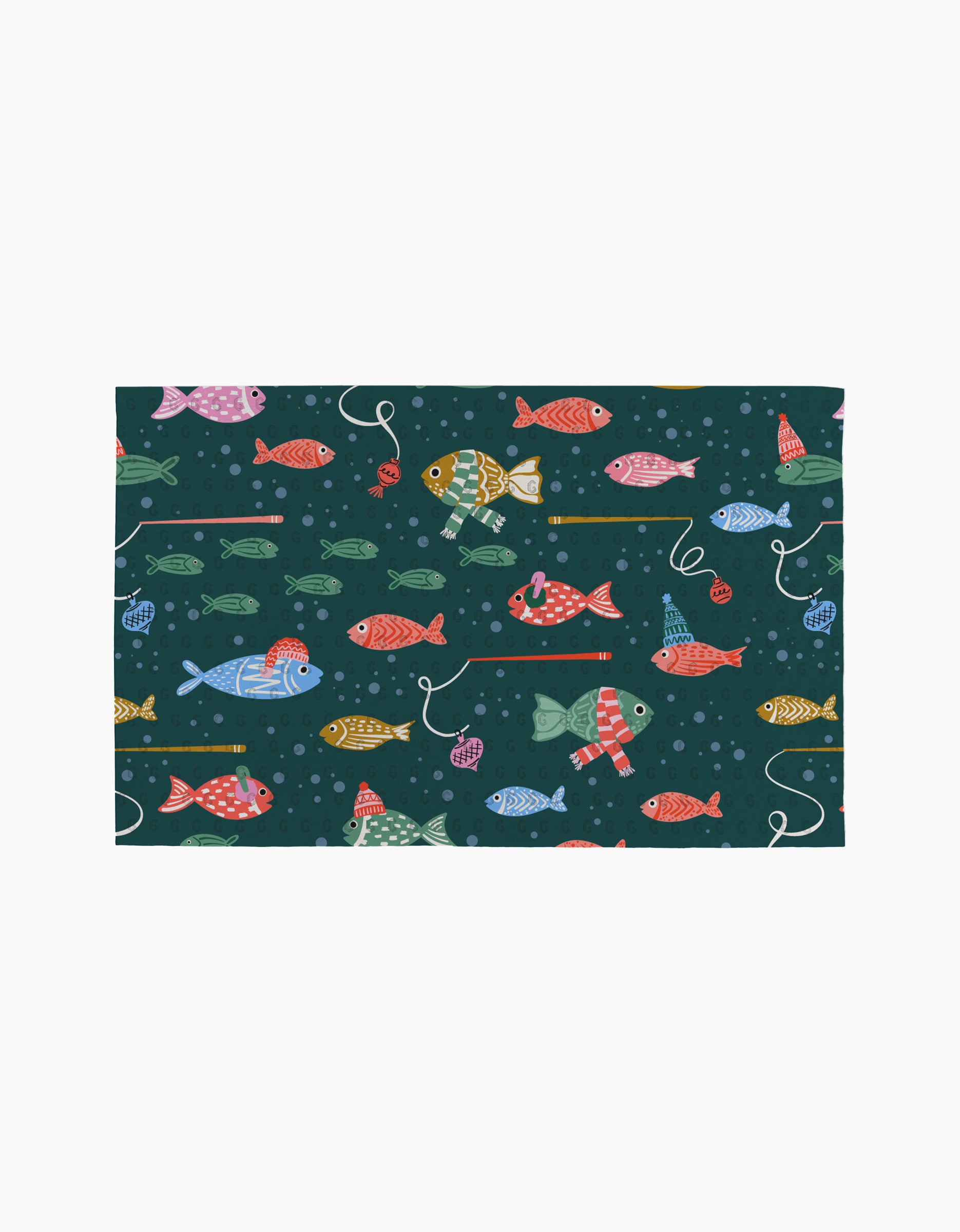 The Holiday Fish kitchen towel by Charlie Rowan Designs features a dark green background with a colorful cartoon fish, fishing lines, and bubbles pattern—eco-friendly and rectangular for your kitchen.