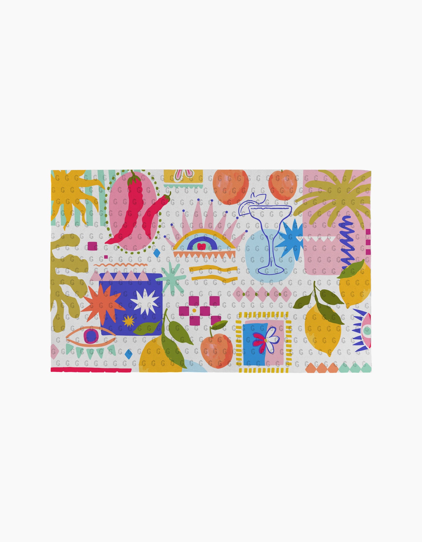 The Italian Picnic by Marina Solodka is a colorful abstract illustration of eyes, hands, lemons, peaches, plants, geometric shapes, and a glass on pastel textures—perfect inspiration for eco-friendly paper towels.