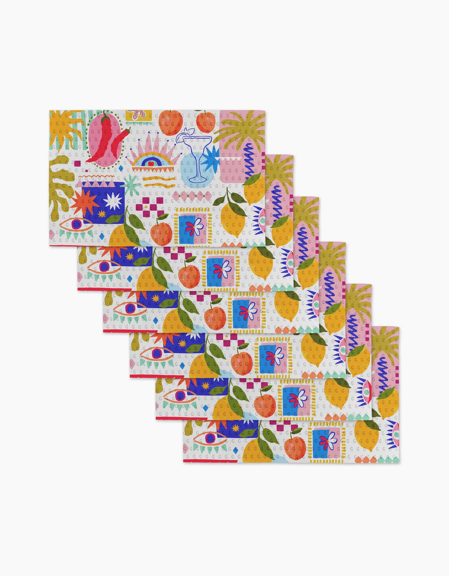 Six vibrant rectangular placemats from Marina Solodkas Italian Picnic collection, featuring fruits, flowers, geometric shapes, and birds in bold hues—crafted from eco-friendly paper towels to brighten your table and support sustainability.