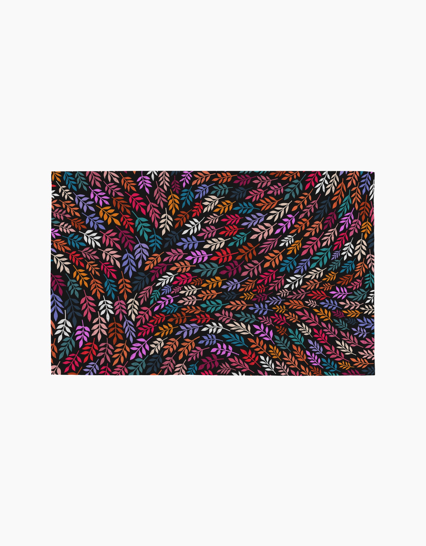 Jewel Leaf Swirl by Rachel Parker showcases densely packed, colorful leaf-like shapes in red, orange, purple, pink, and white on black, creating a swirling, vibrant pattern reminiscent of eco-friendly paper towels.