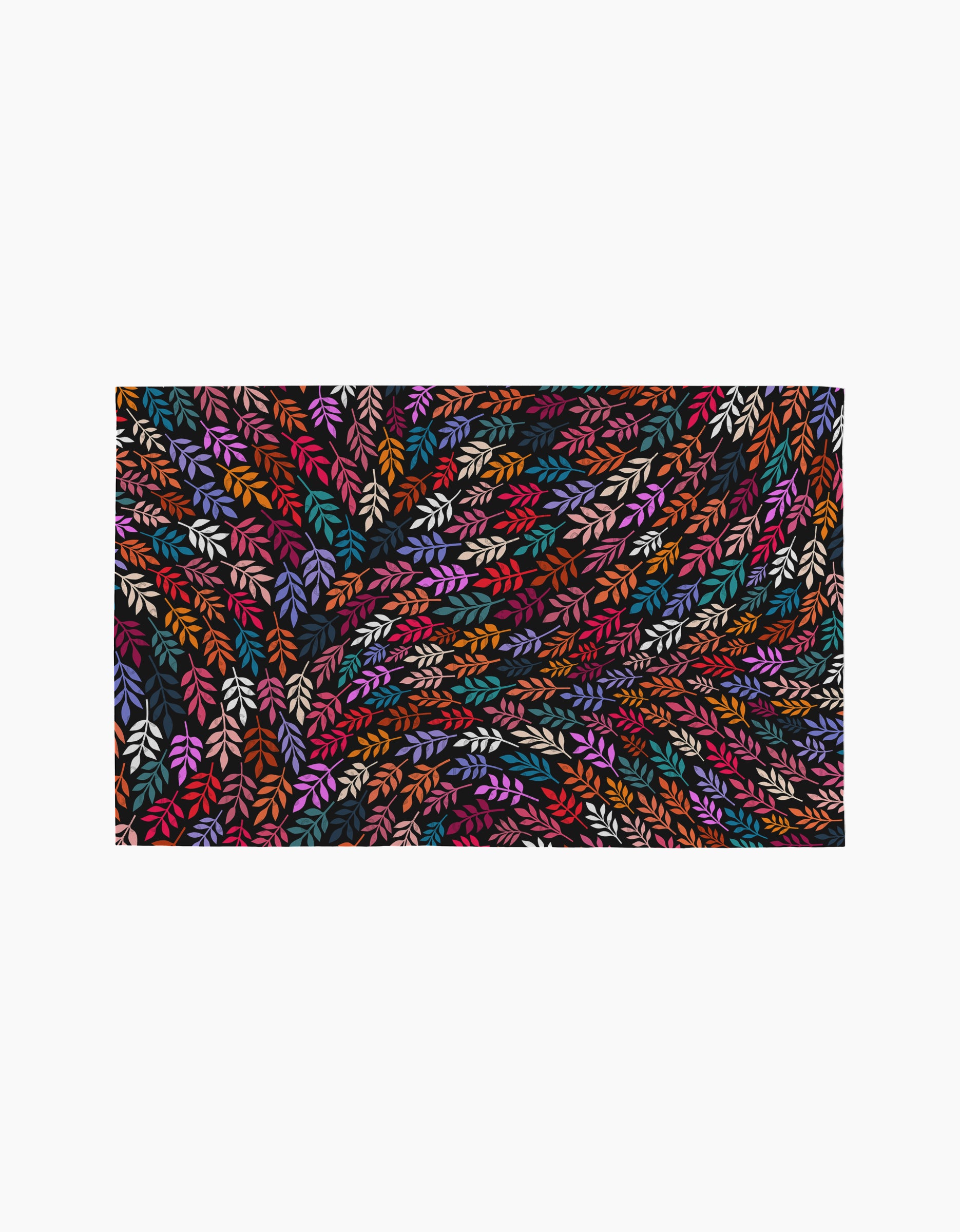 Jewel Leaf Swirl by Rachel Parker showcases densely packed, colorful leaf-like shapes in red, orange, purple, pink, and white on black, creating a swirling, vibrant pattern reminiscent of eco-friendly paper towels.