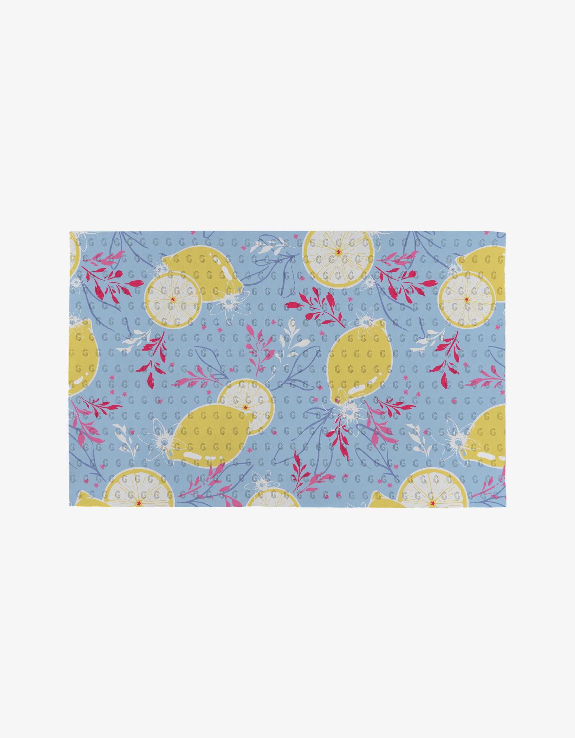 Lemon Pop by Ashley Celena is a rectangular cloth with a blue background, yellow lemon slices, and pink and white sprigs—an eco-friendly, stylish alternative to paper towels.